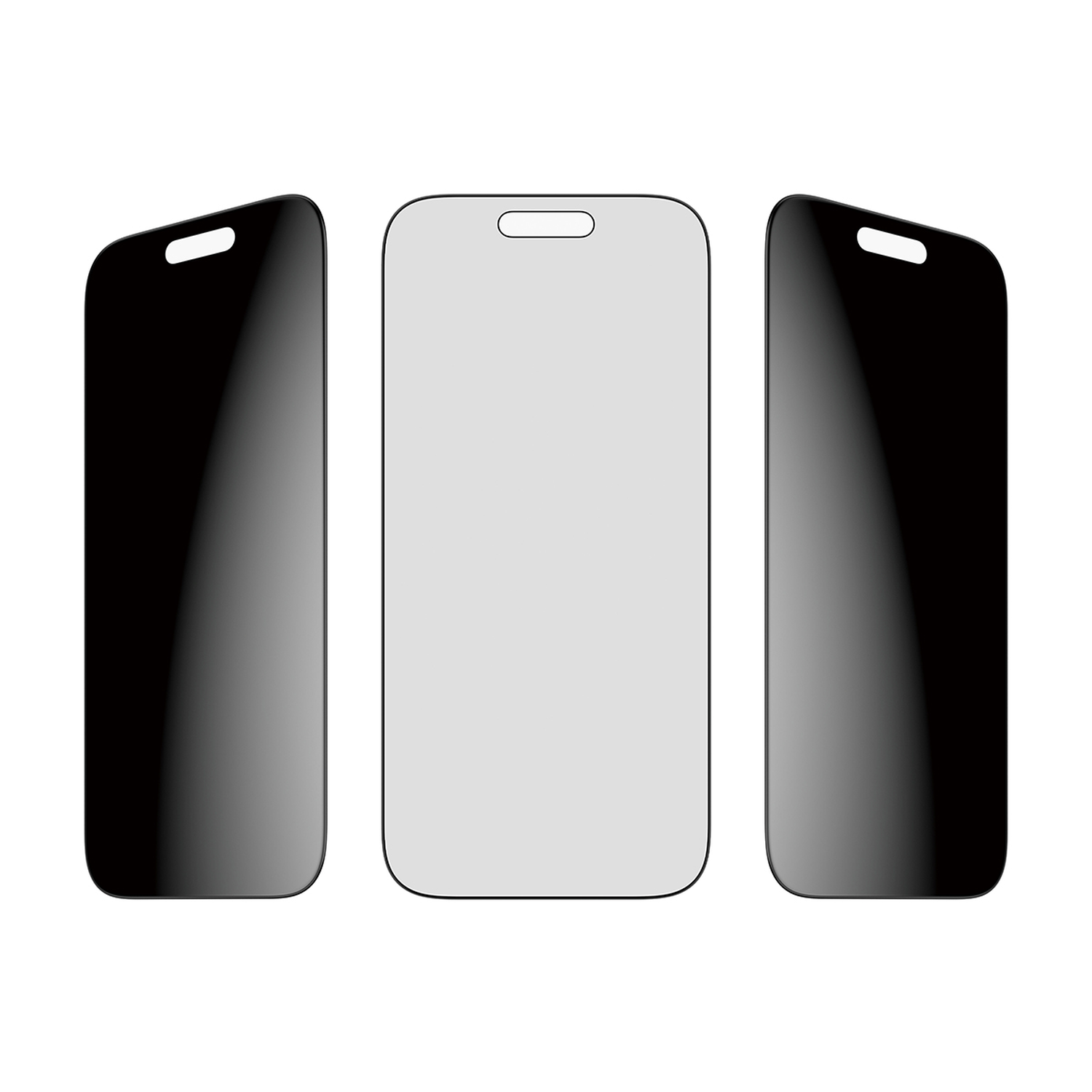 Three smartphone screen protectors. The center one is light gray, the other two are black, all on a white background.
