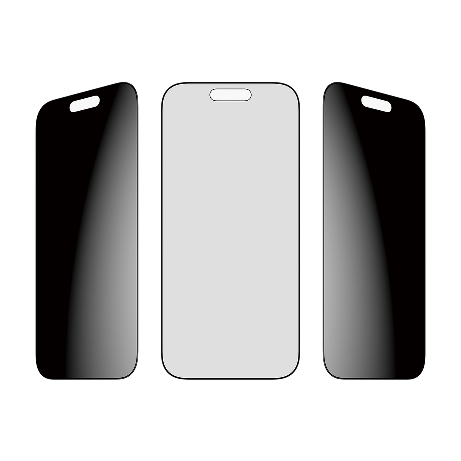 Drie telefoonschermen, één lichtgrijs, geflankeerd door twee zwarte schermen met afgeronde hoeken en een inkeping bovenaan.