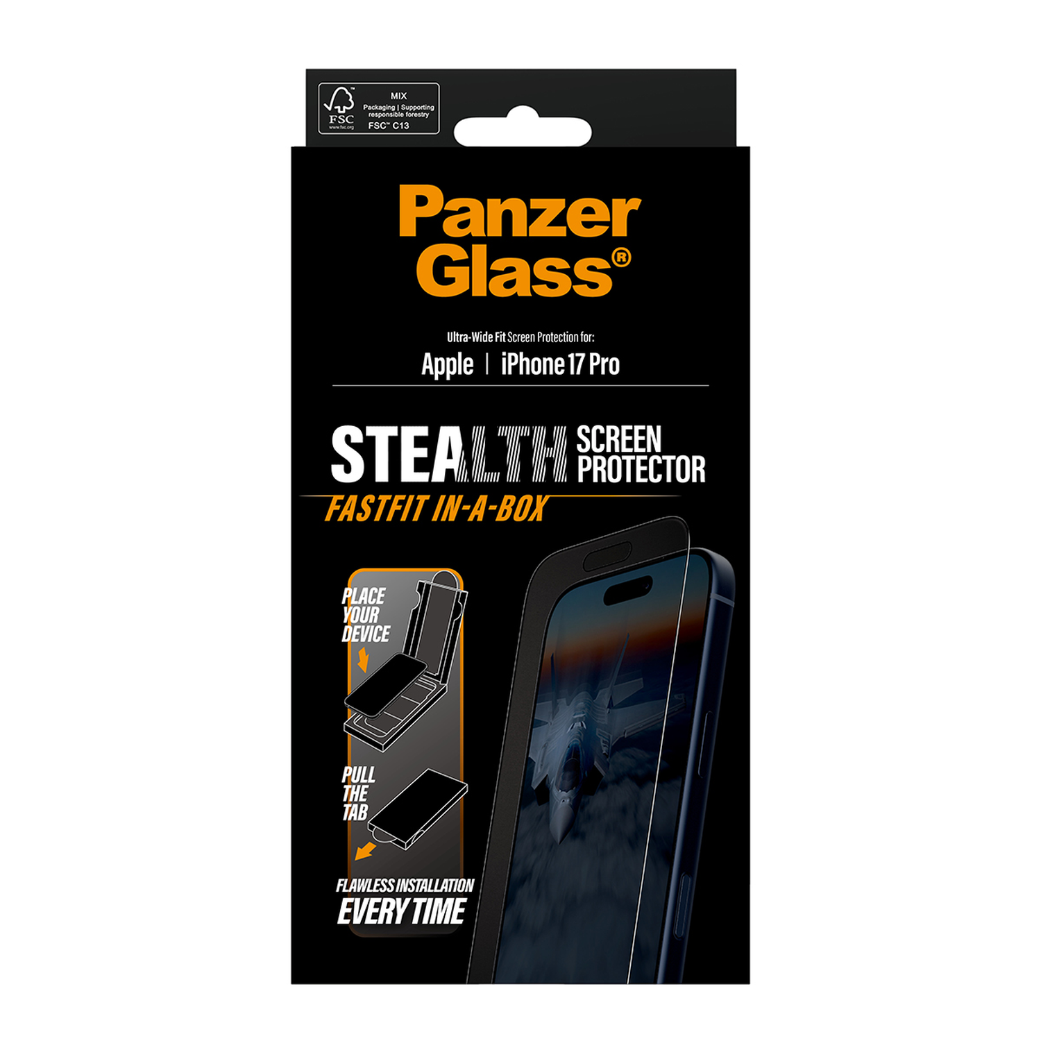 Zwarte Panzer Glass doos voor iPhone 17 Pro. Toont een telefoon met schermbeschermer. Instructies en logo zijn zichtbaar.