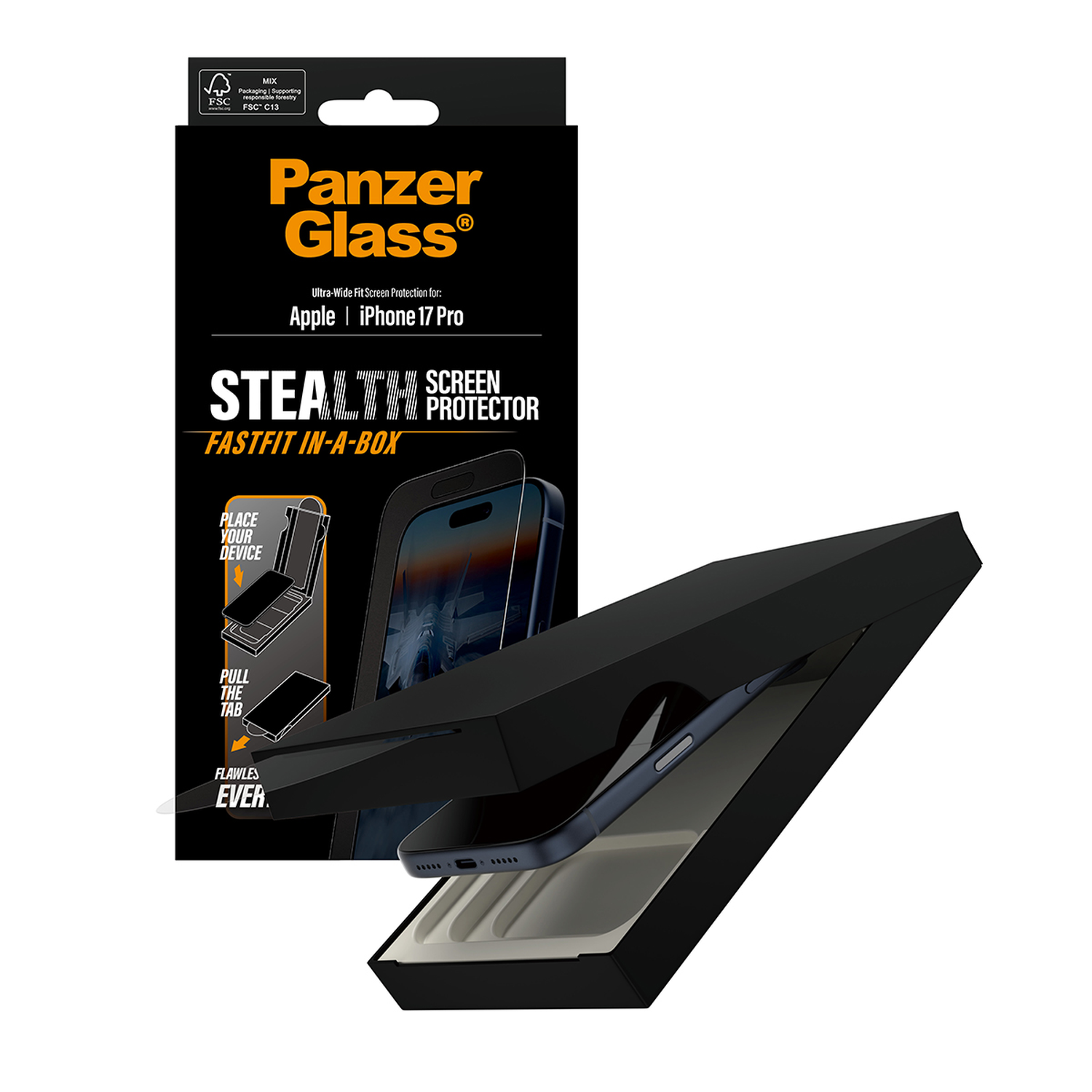 Zwarte doos Panzer Glass schermbeschermer voor iPhone 17 Pro. De doos is open en toont een telefoon.