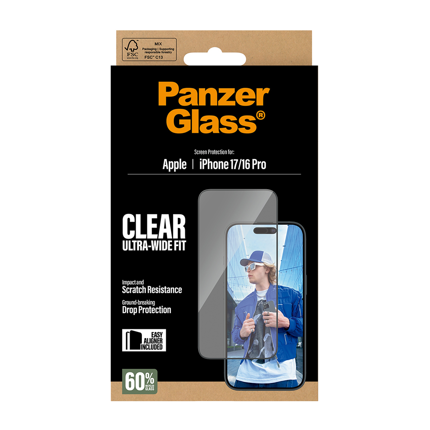 Panzer Glass screen protector box for iPhone 17/16 Pro. Features a man wearing sunglasses and a blue jacket inside the phone.