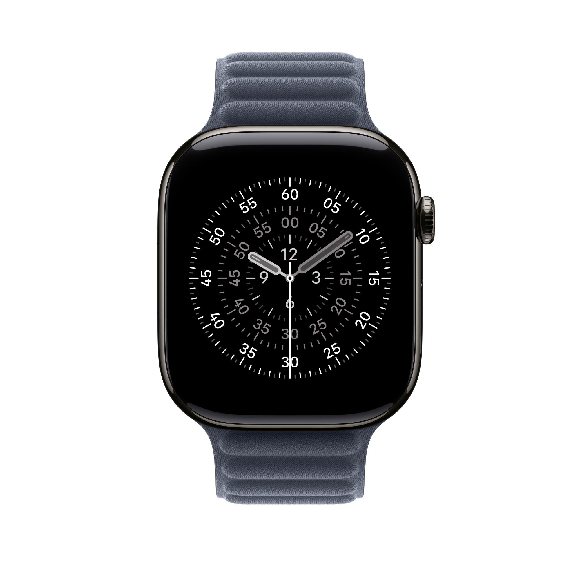 Eine schwarze Smartwatch mit blauem Armband, die die Uhrzeit anzeigt. Das Zifferblatt hat ein kreisförmiges Design mit Zahlen und Zeigern.