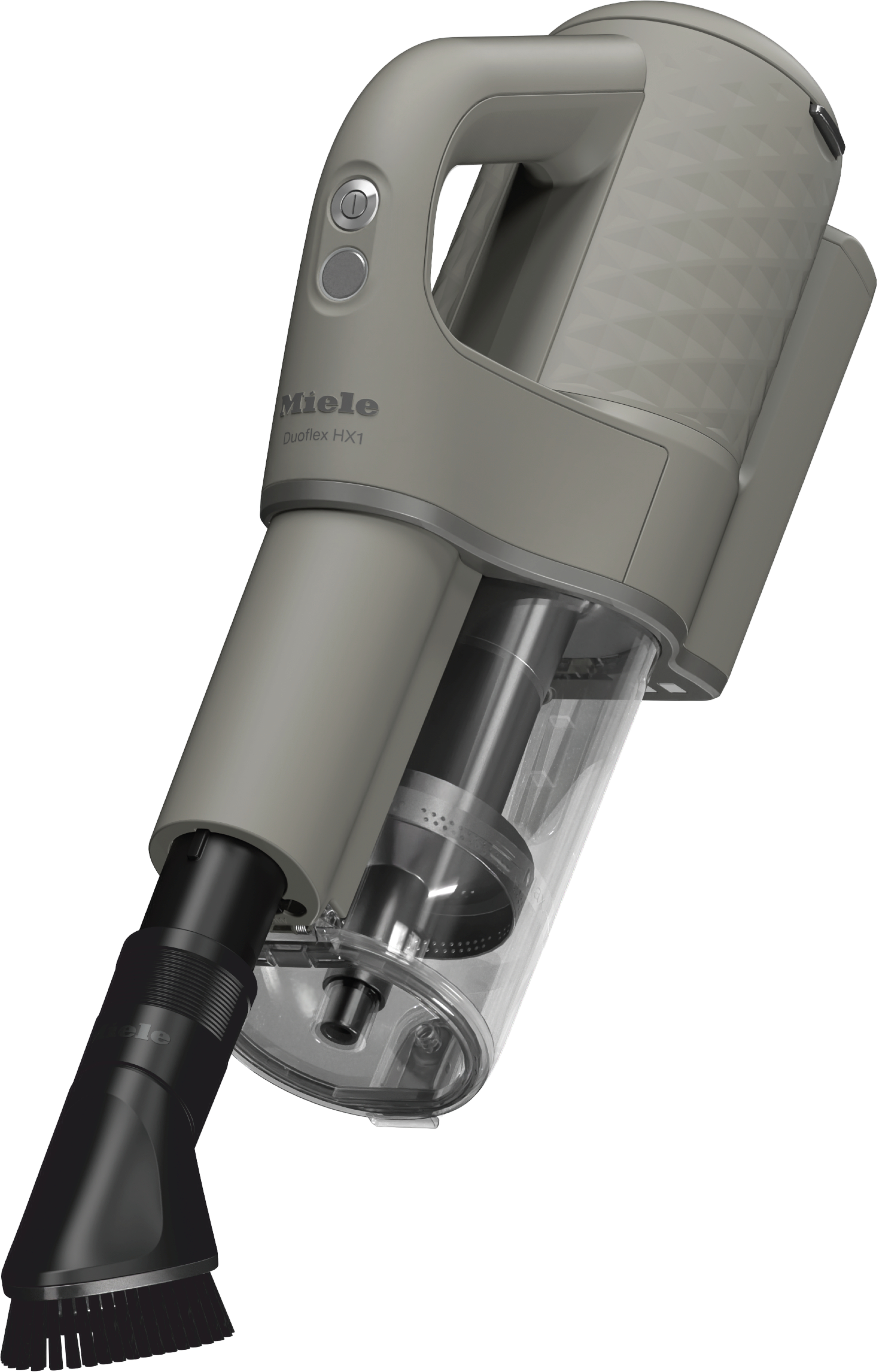 Ein grauer Miele Duoflex HX1 Staubsauger. Er ist abgewinkelt und zeigt den Griff, die Knöpfe und den Staubbehälter. Die Düse hat eine Bürste.