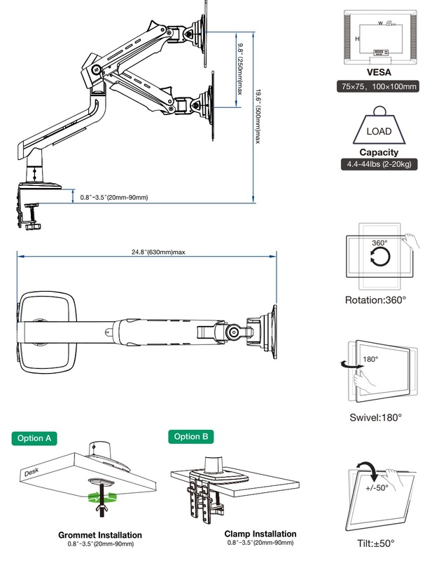 Kettős monitor kar diagramja méretekkel, VESA-tartóval, teherbírással, forgatással, elforgatással, döntési lehetőségekkel és telepítési módokkal.
