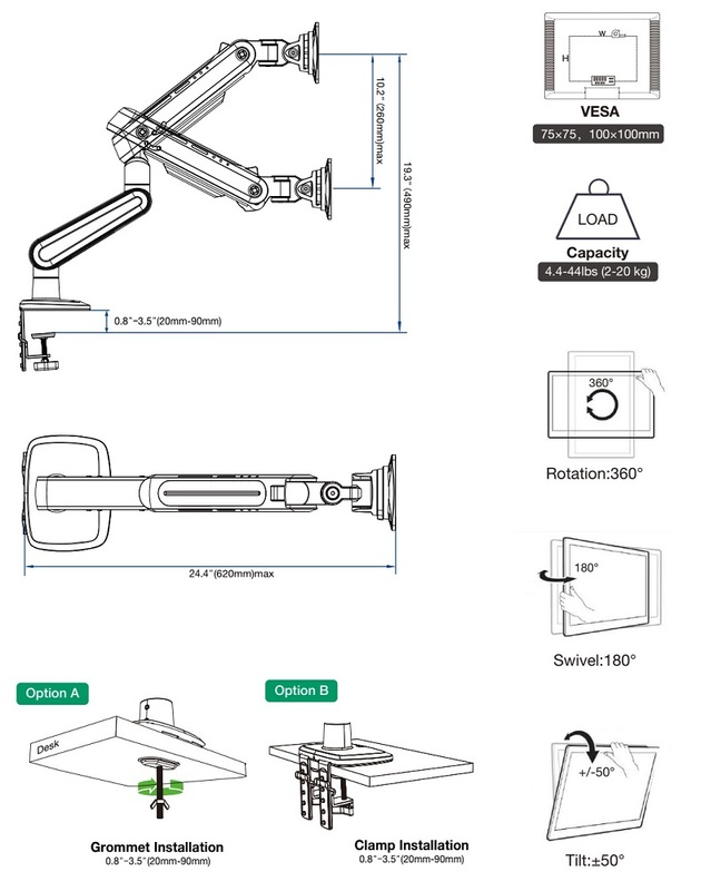 Monitor kar diagramja méretekkel, VESA kompatibilitással, teherbírással, forgatással, elforgatással, döntéssel és telepítési lehetőségekkel.