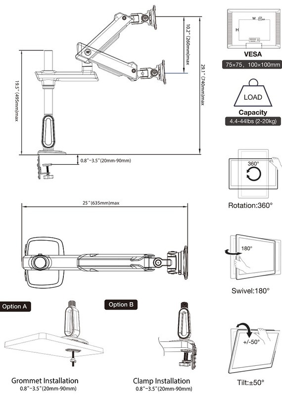 Két monitoros kar diagramja, méretekkel, súlykapacitással és beépítési lehetőségekkel. Tartalmazza a forgatást, a forgatást és a döntést.