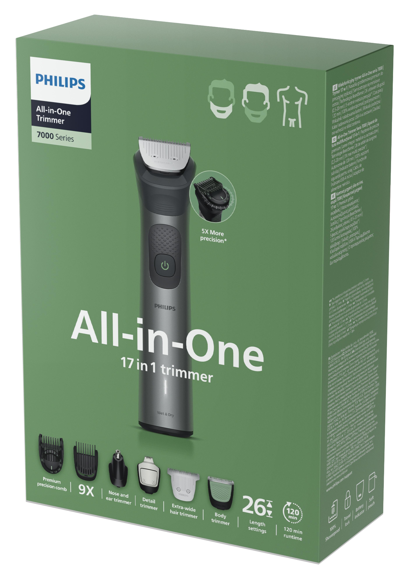 Doboz Philips All-in-One hajvágóval, fekete és szürke, tartozékokkal és szöveggel.