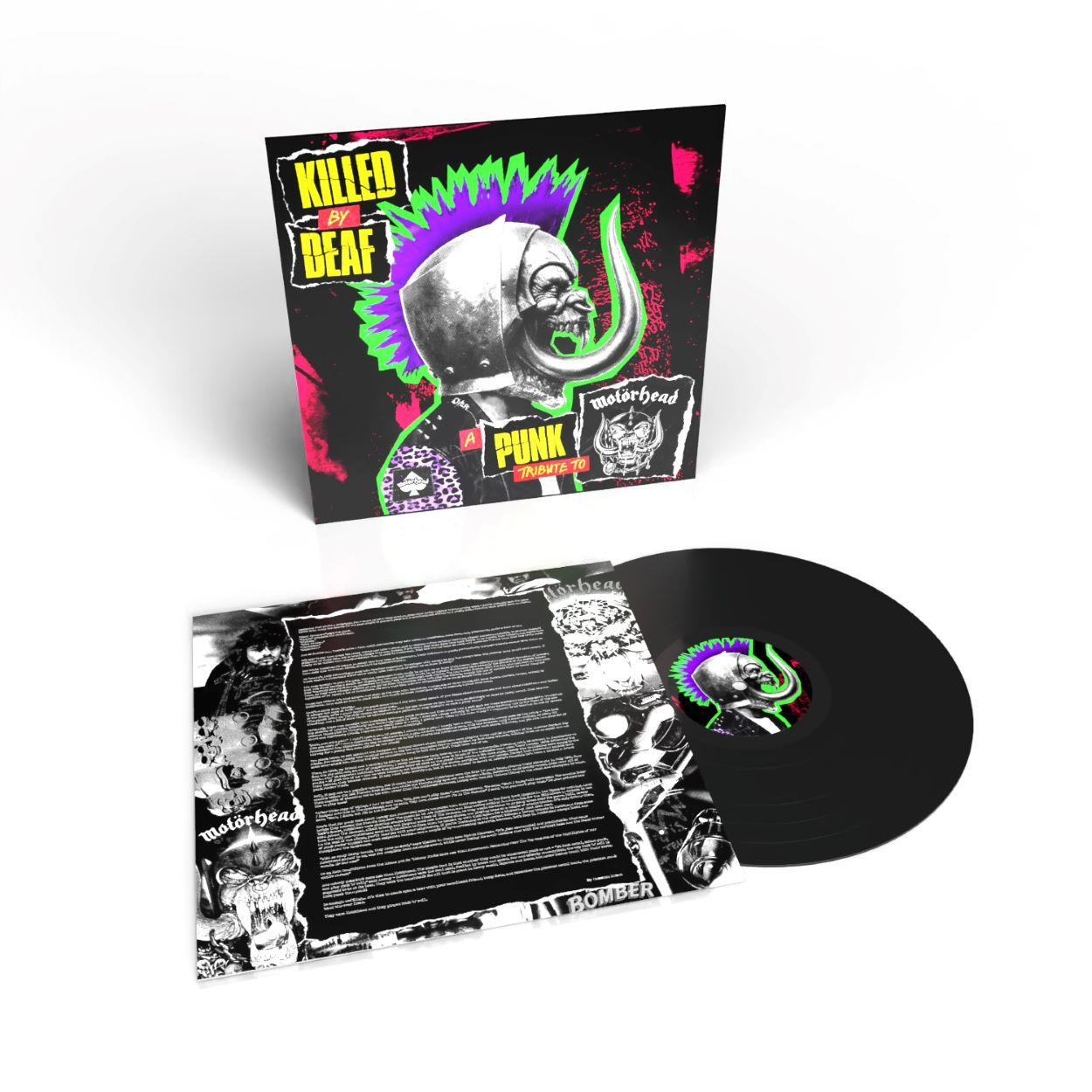 Une pochette d'album vinyle sur le thème punk rock, avec une tête de mort en crête et le mot 'Motorhead'.