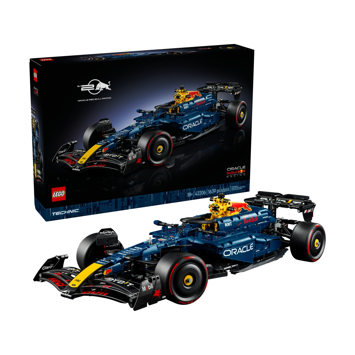 Un set LEGO Technic Oracle Red Bull Racing Formula 1. La scatola mostra l'auto. L'auto è blu, nera e gialla con loghi degli sponsor.