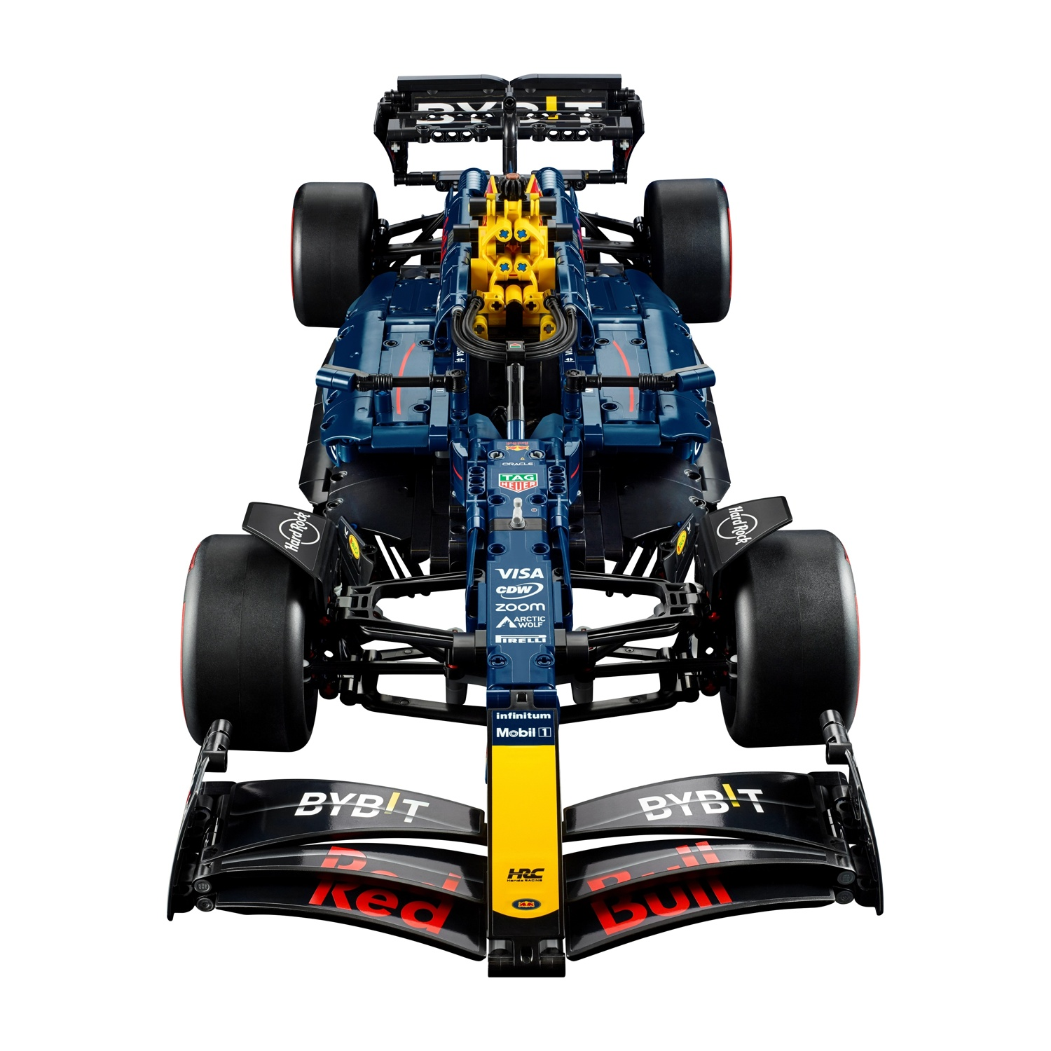 Vista dall'alto dettagliata di una macchina di Formula 1 blu e gialla su sfondo bianco. Sono visibili loghi di sponsor come Red Bull.
