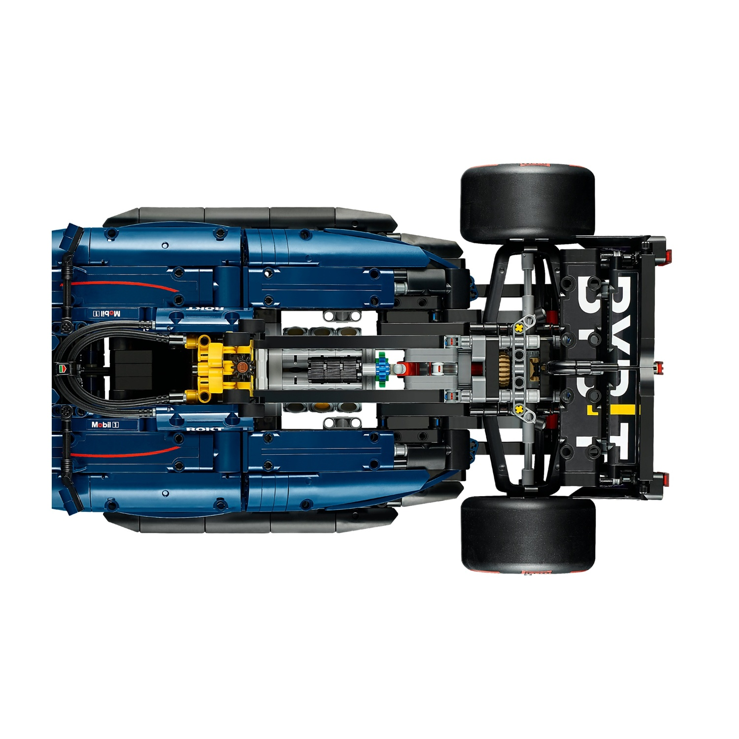 Vista dall'alto di un'auto di Formula 1 Lego blu e nera. Include pneumatici, loghi degli sponsor e vari componenti meccanici. Sfondo bianco.