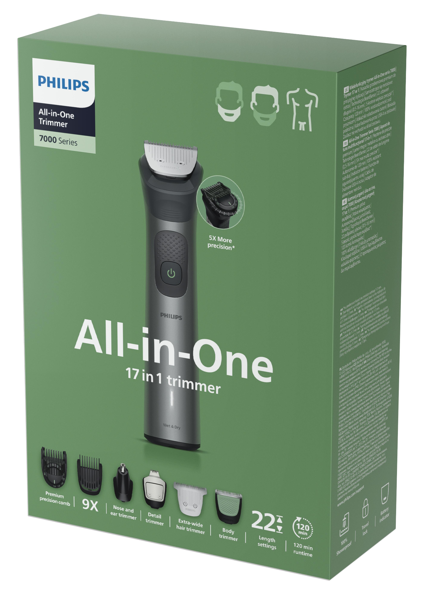 Egy Philips All-in-One trimmer doboz. A trimmert a tartozékokkal és funkciókkal együtt mutatják.