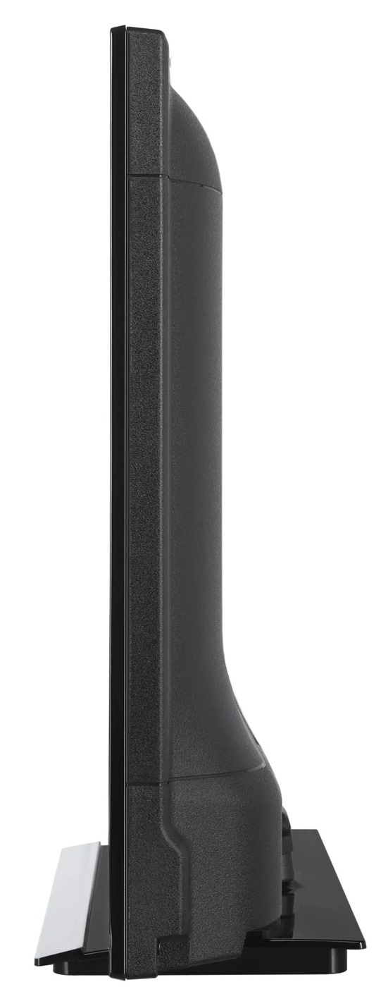 Widok z boku czarnego telewizora. Stoi na czarnej podstawie z białym wspornikiem. Ekran jest czarny, tło białe.