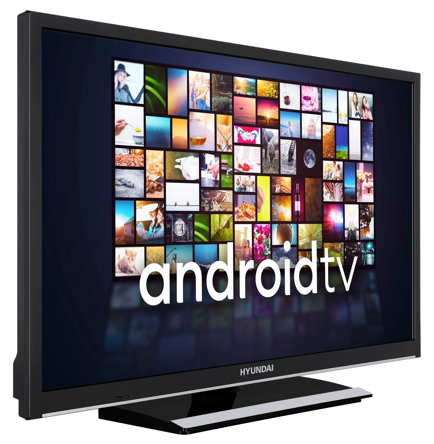 Telewizor Android Hyundai wyświetla kolaż zdjęć ze słowem 'androidtv'. Telewizor jest czarny, z czarną podstawą.