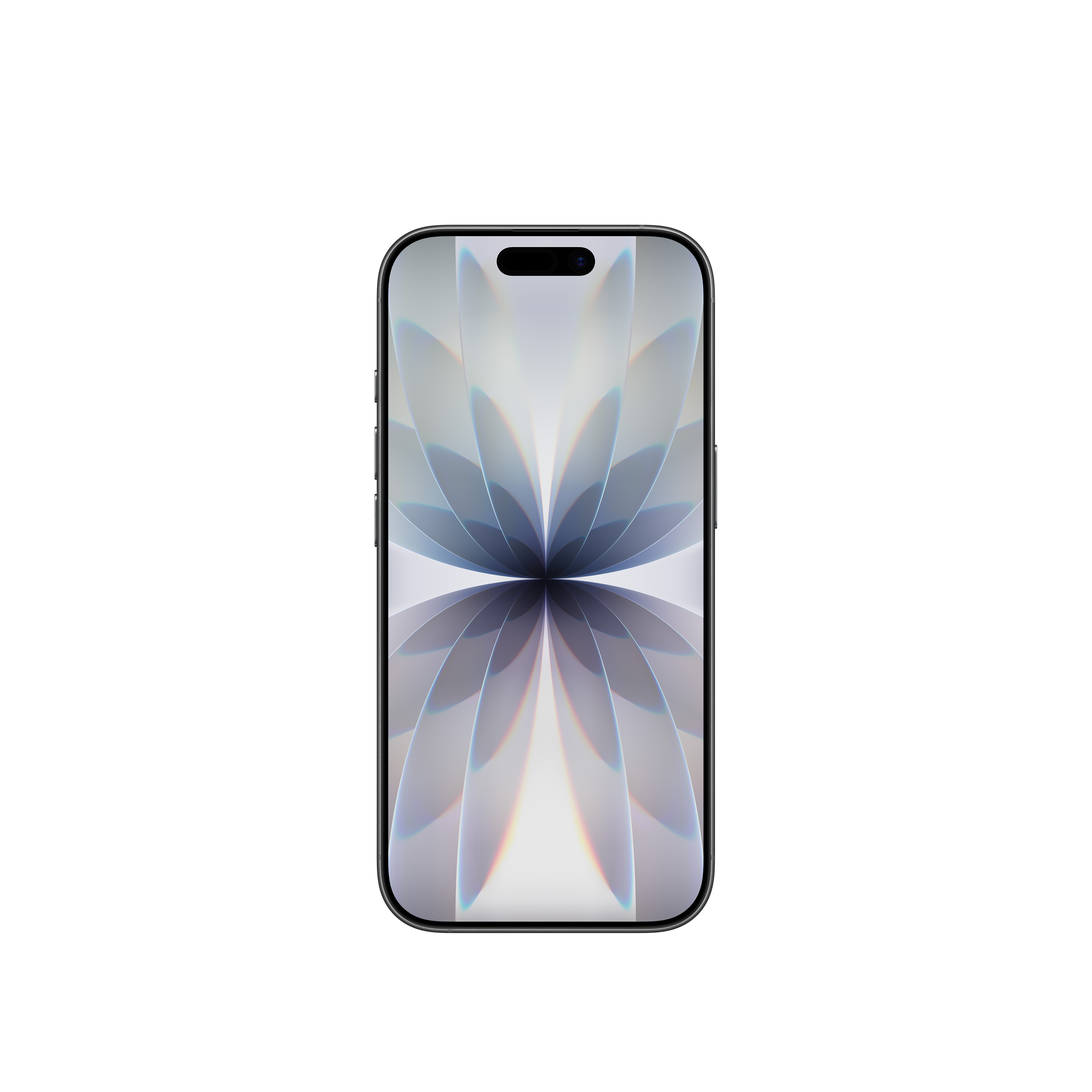 Smartphone auf weißem Grund. Der Bildschirm zeigt ein abstraktes Blumendesign in Grautönen.