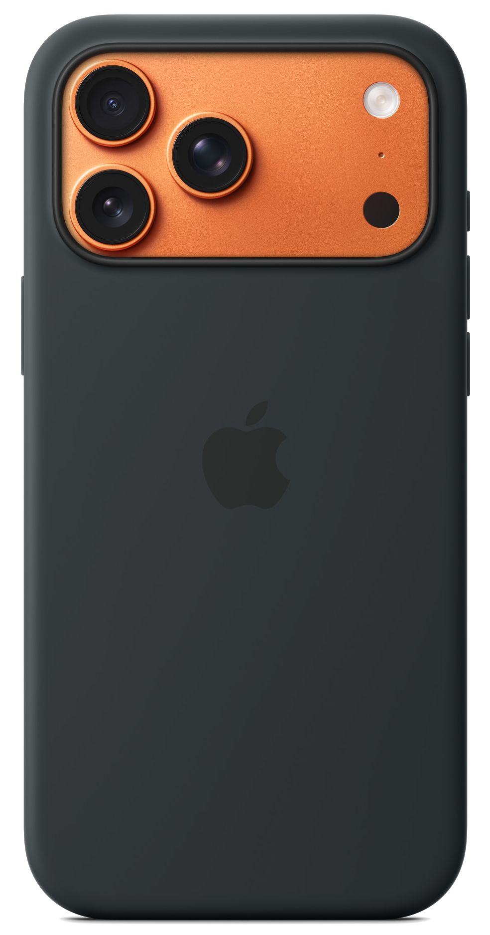 Tył ciemnoszarego smartfona. Ma pomarańczowy obszar aparatu z trzema obiektywami, lampą błyskową i logo Apple.