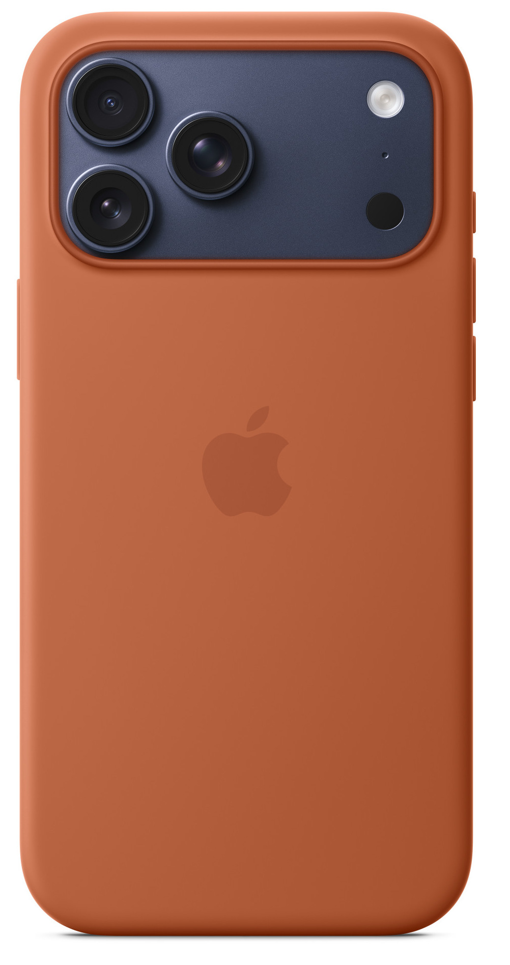 Pomarańczowe etui na telefon z ciemnoniebieską sekcją aparatu. Widoczne trzy obiektywy, lampa błyskowa i logo Apple.