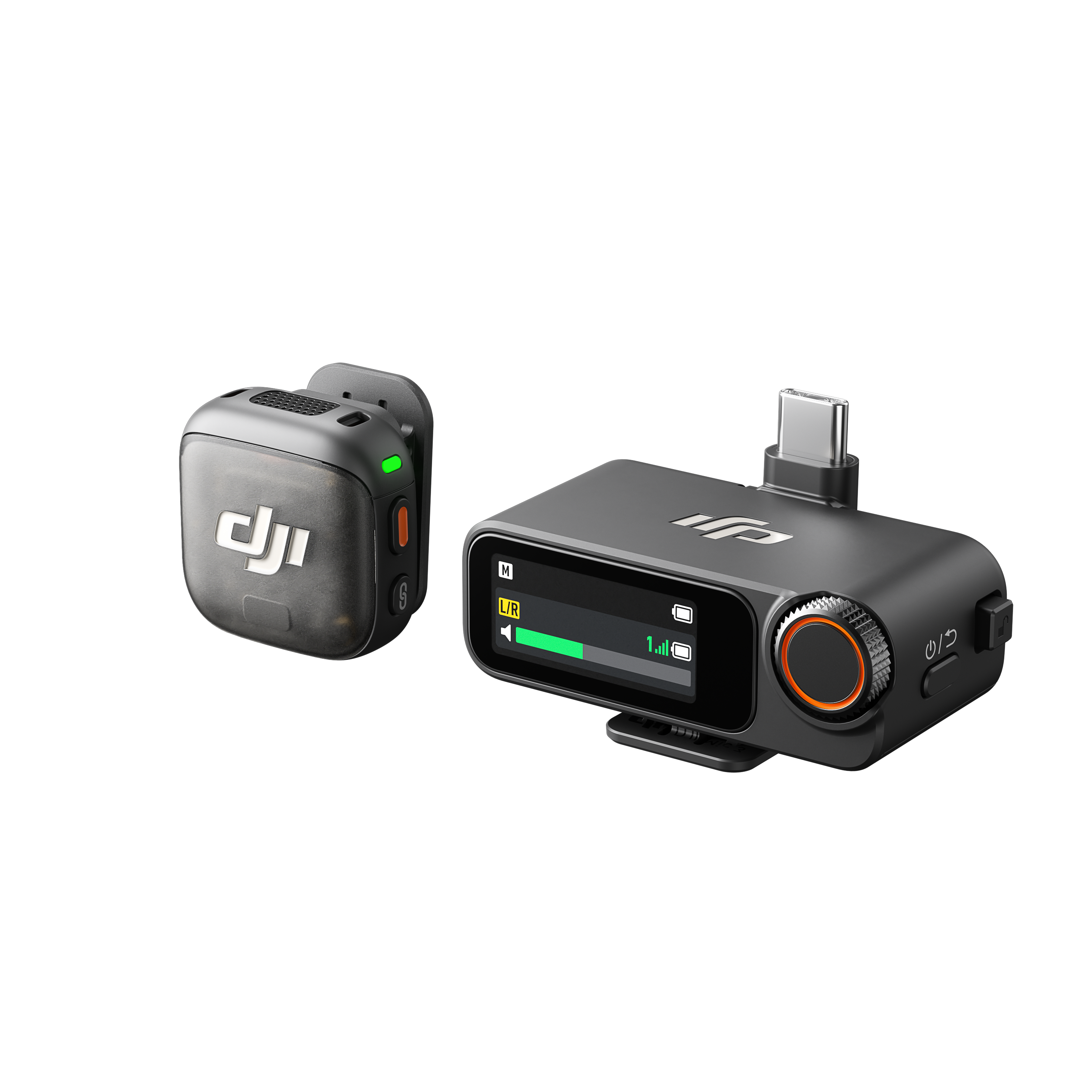 Siyah bir DJI kablosuz mikrofon sistemi. Bir ünitenin ekranı var. Diğeri bir verici.