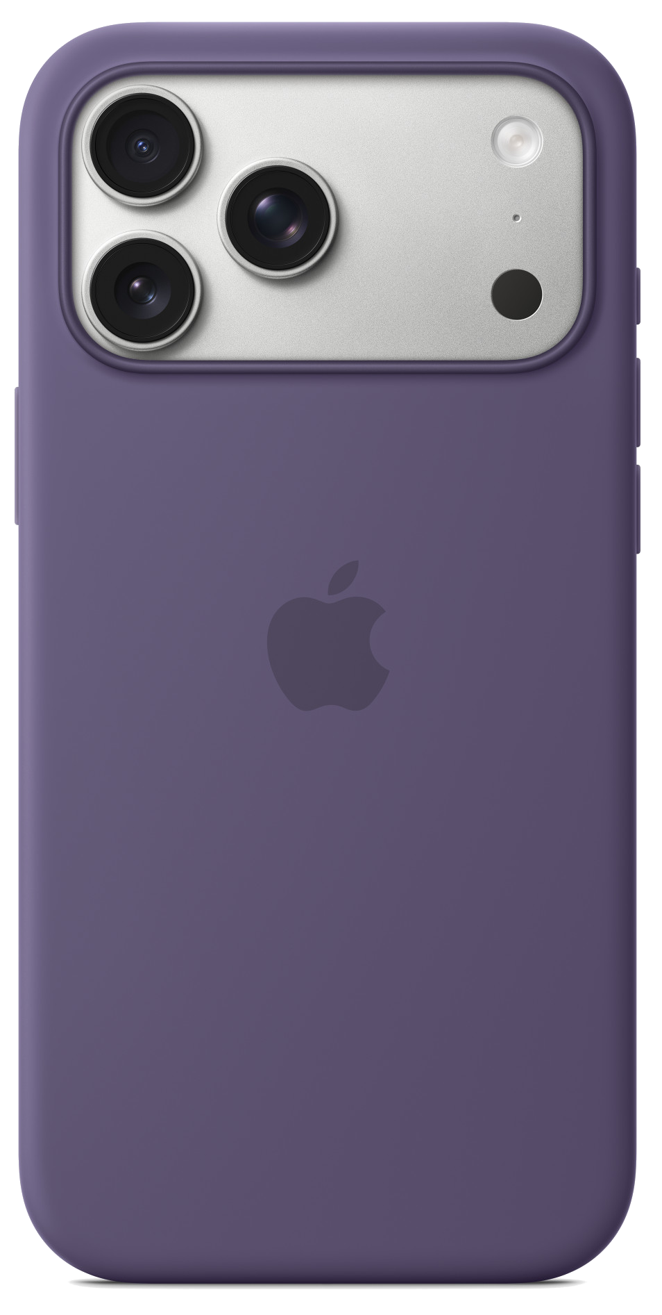Fioletowe etui na telefon z trzema obiektywami aparatu i logo Apple. Tło jest czarne.
