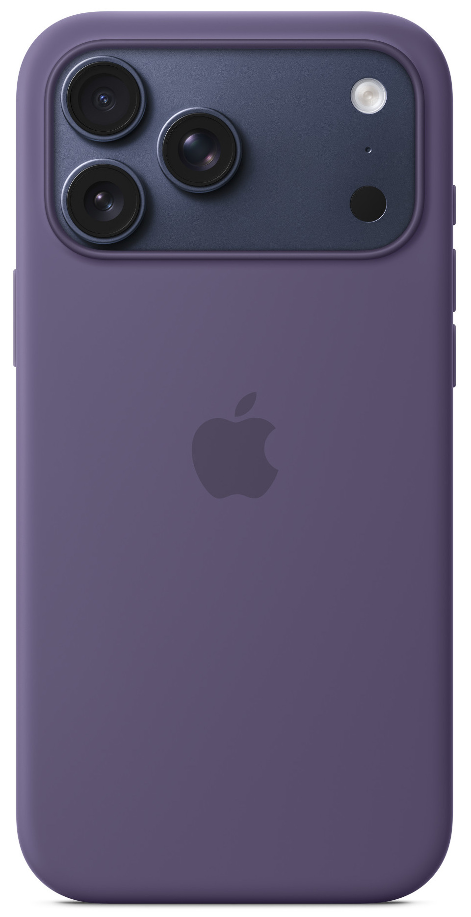 Fioletowy iPhone z trzema obiektywami, lampą błyskową i logo Apple. Telefon jest w etui, prezentując aparat i tył.