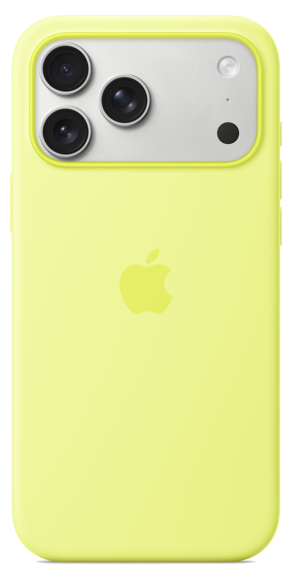 Żółty iPhone z trzema obiektywami aparatu, lampą błyskową i logo Apple. Telefon jest w żółtym etui na czarnym tle.