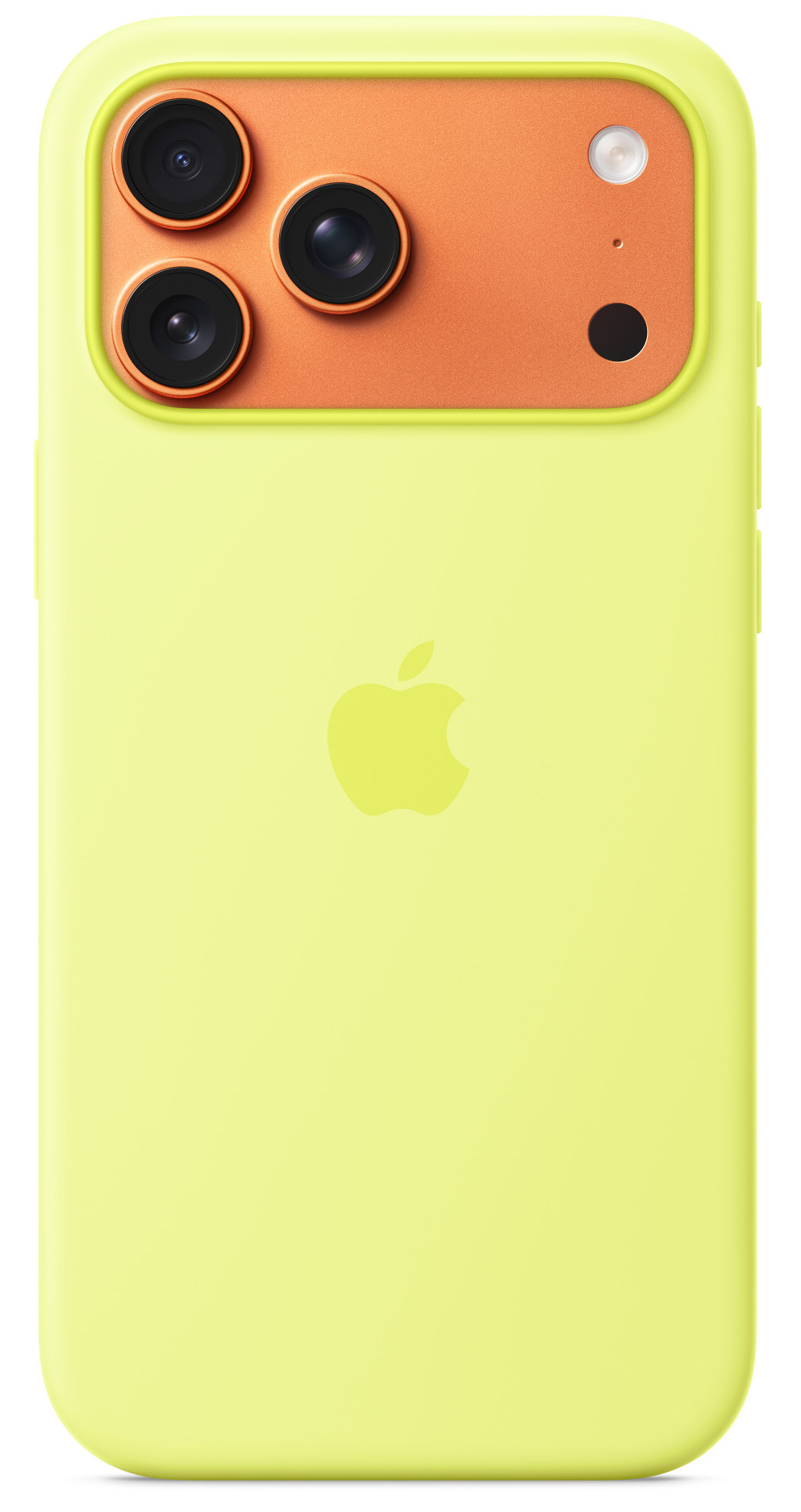 Żółte etui na telefon z pomarańczową częścią na aparat. Widoczne trzy obiektywy, lampa błyskowa i logo Apple.