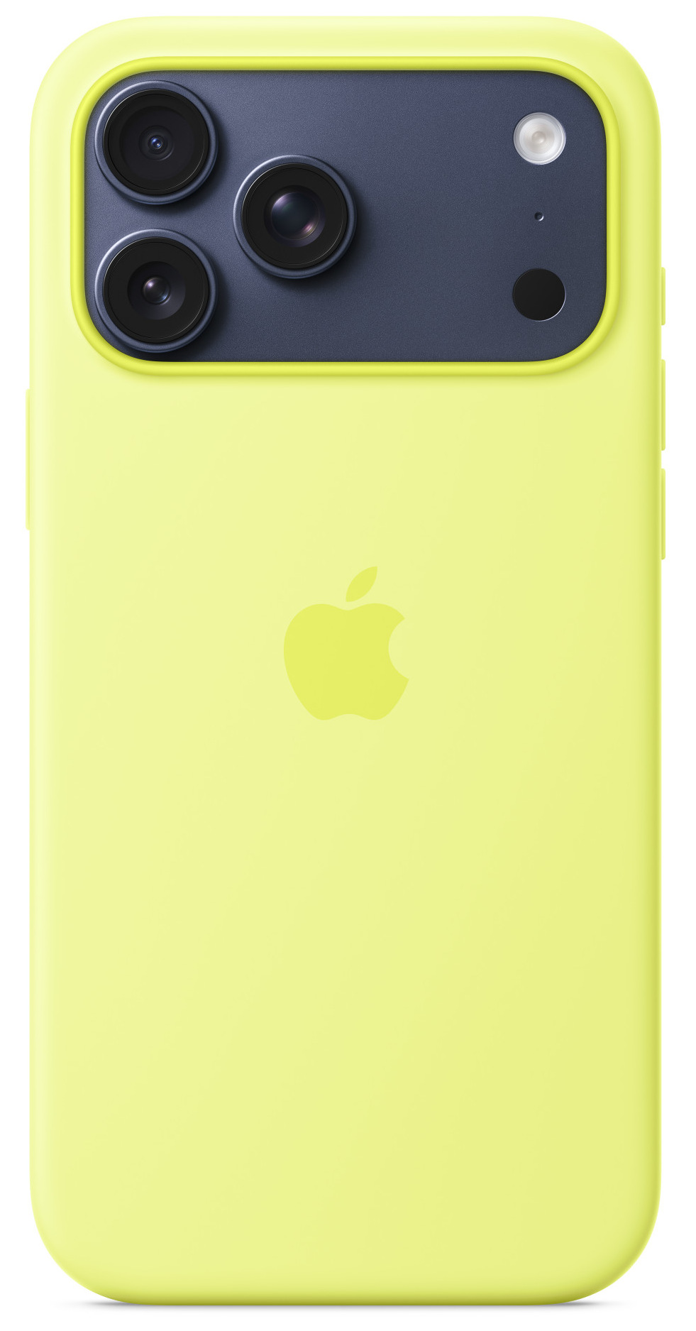 Limonkowo-zielone etui na telefon z trzema obiektywami aparatu i logo Apple. Tło jest białe.