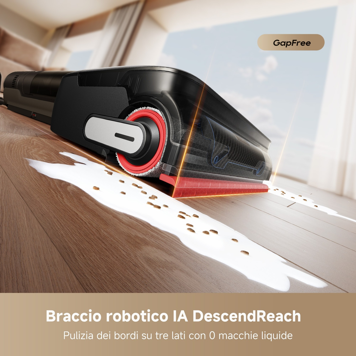 Un braccio robotico nero e rosso pulisce liquidi versati su un pavimento in legno. Il testo recita 'GapFree' e testo italiano sotto.