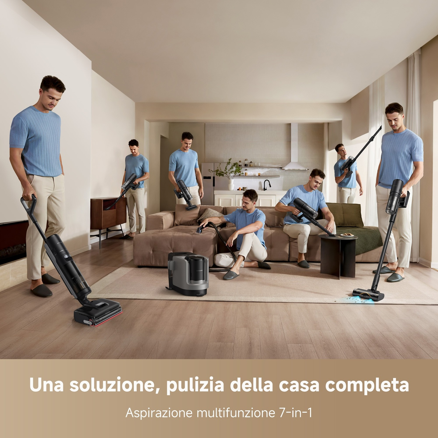 Un uomo usa un aspirapolvere in soggiorno. Diverse immagini lo mostrano mentre pulisce diverse aree. Un sistema di pulizia è in mostra.