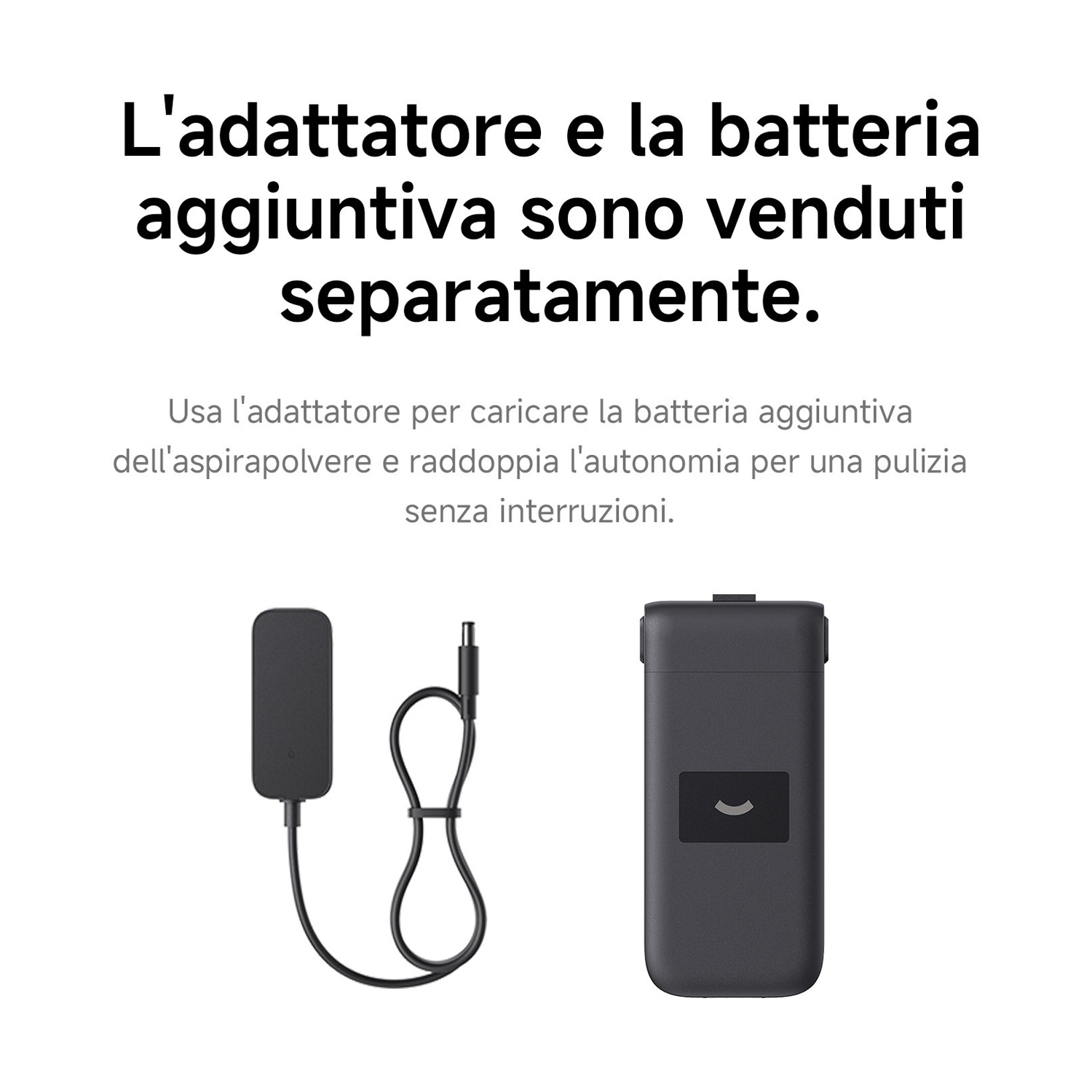 L'immagine mostra un adattatore e una batteria aggiuntiva per un aspirapolvere. Il testo spiega che sono venduti separatamente.