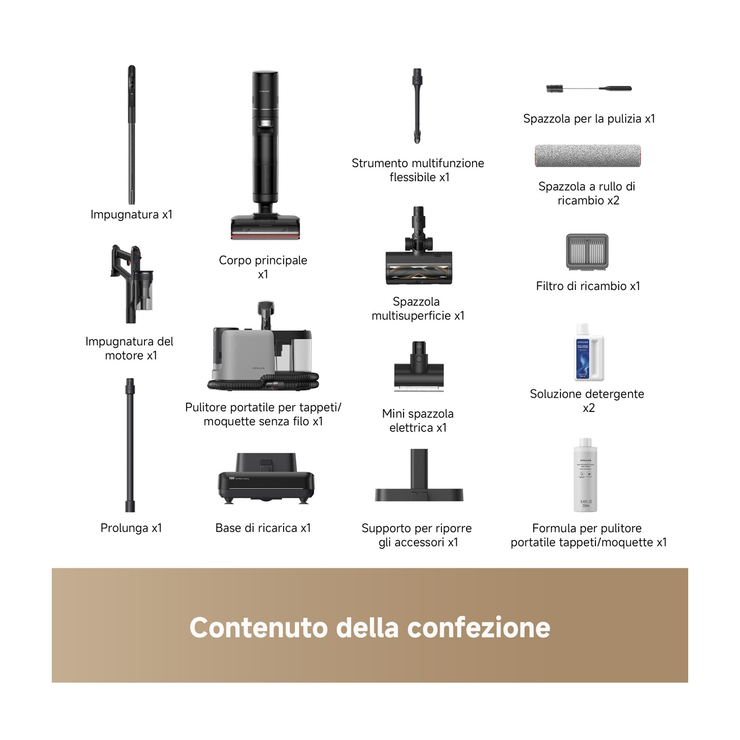 L'immagine mostra parti di aspirapolvere: manico, corpo principale, spazzole, filtro, detergente e base di ricarica. Testo: 'Contenuto della confezione'.