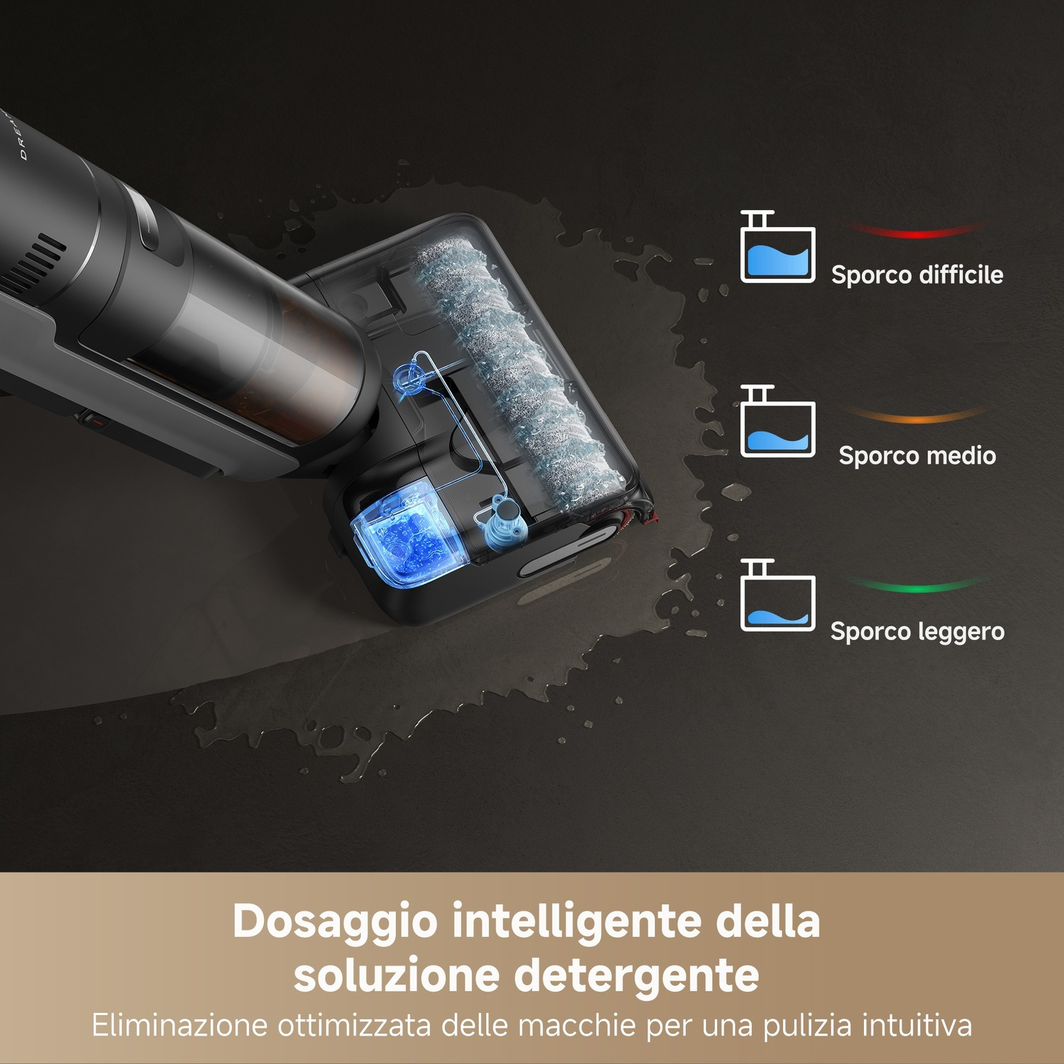 Testa di aspirapolvere con parti trasparenti. Il testo indica i livelli di pulizia: difficile, medio e leggero. Testo in italiano.