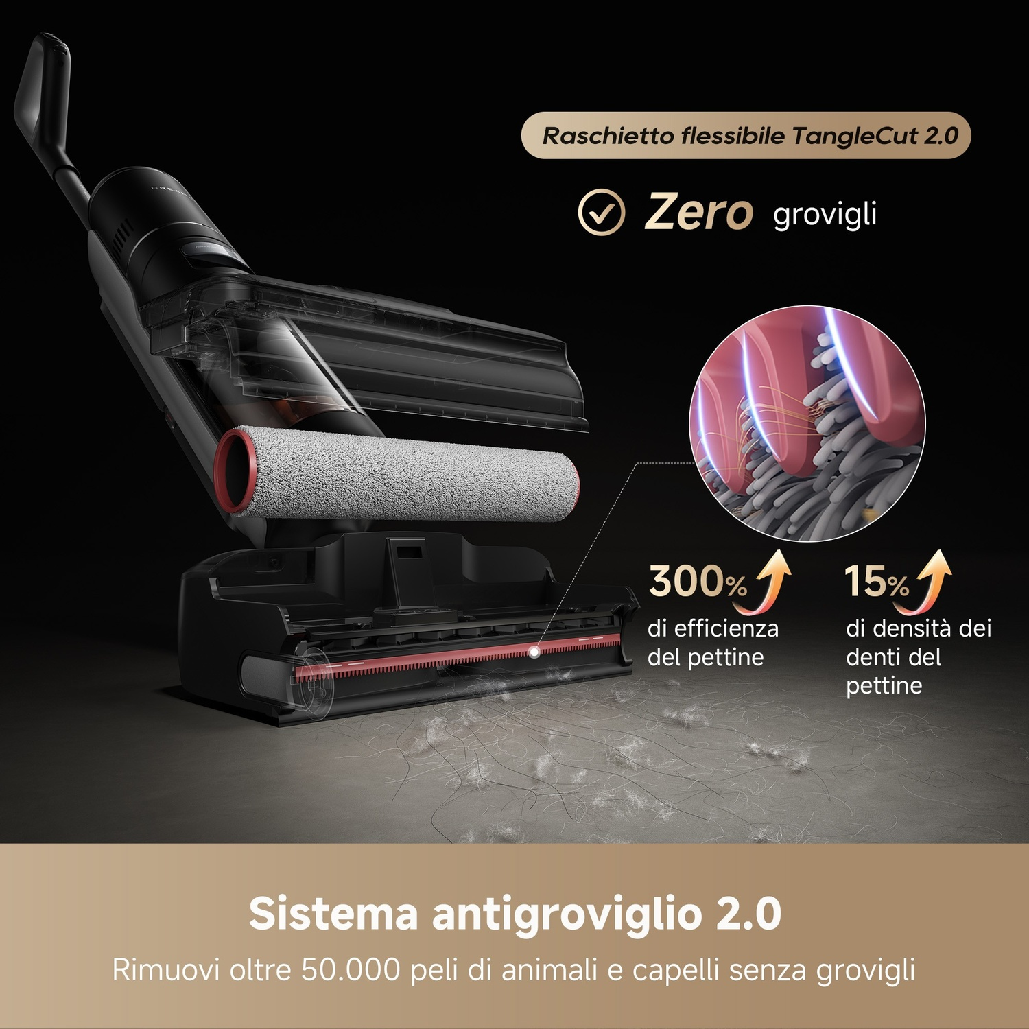 Aspirapolvere con caratteristiche: Zero grovigli, 300% efficienza e 15% densità. Il testo recita 'Sistema antigroviglio 2.0'.
