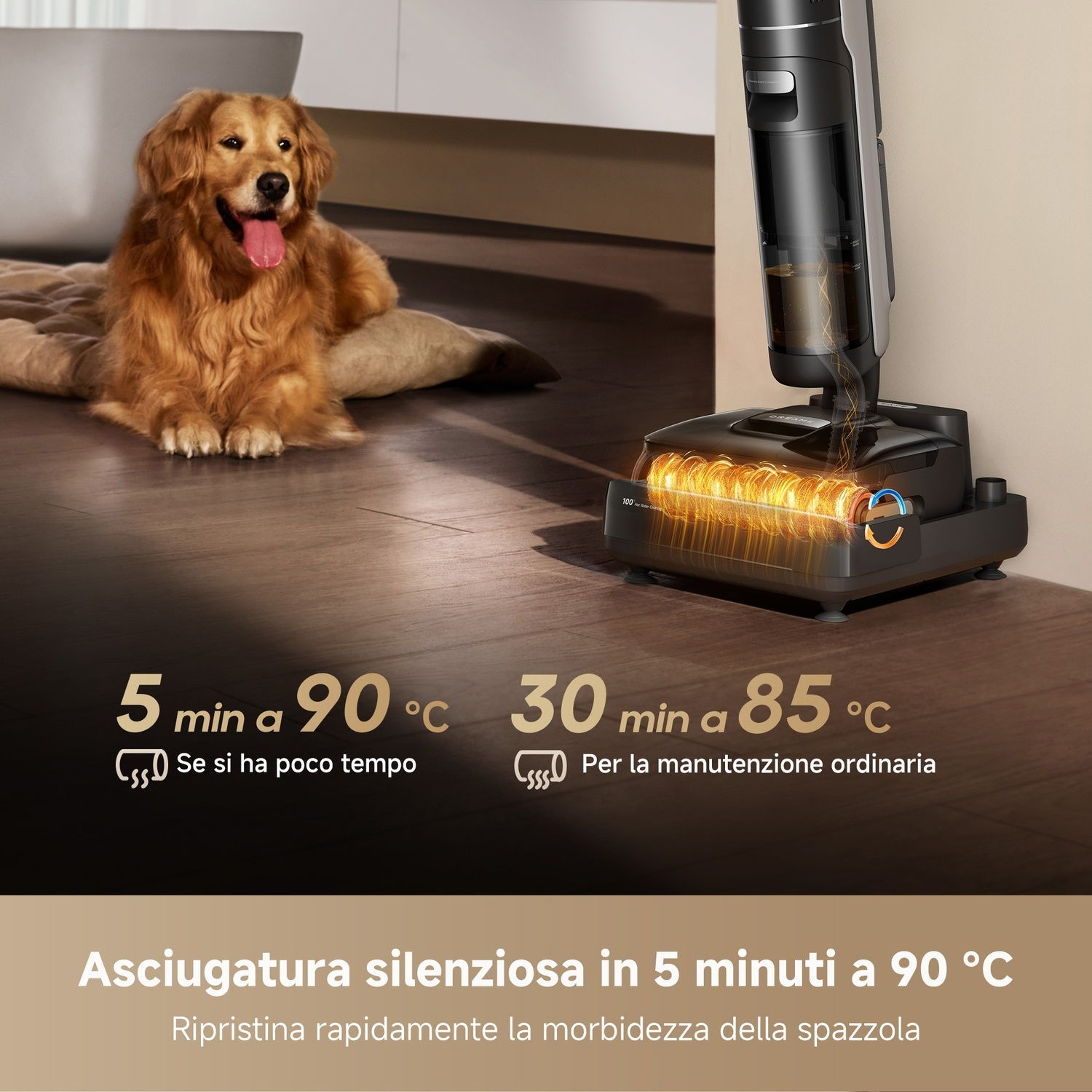 Un cane golden retriever è accanto a un dispositivo di pulizia. Il testo descrive 5 min a 90°C e 30 min a 85°C per la pulizia.