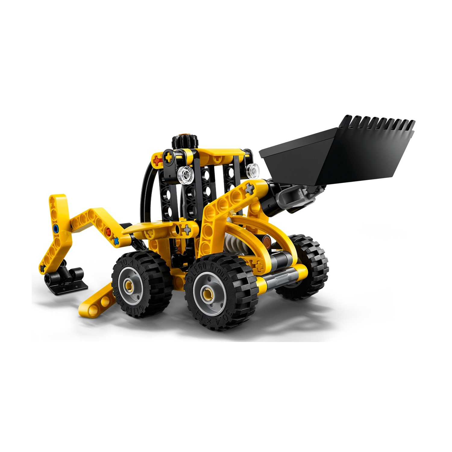 Un caricatore Lego Technic giallo e nero su sfondo bianco. Ha una benna nera e quattro ruote nere.