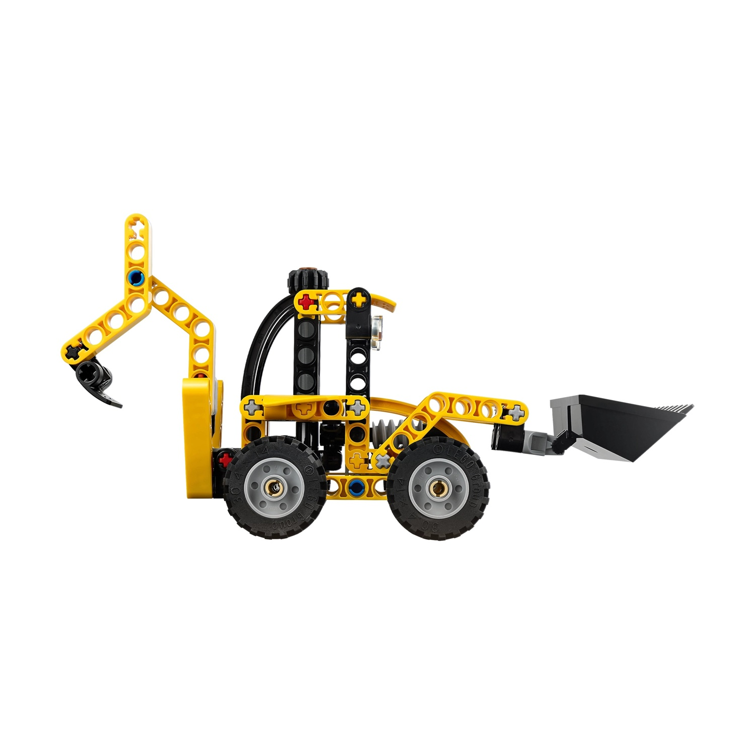 Un veicolo da costruzione Lego giallo e nero. Ha due ruote, una pala davanti e un braccio di sollevamento sul lato sinistro.