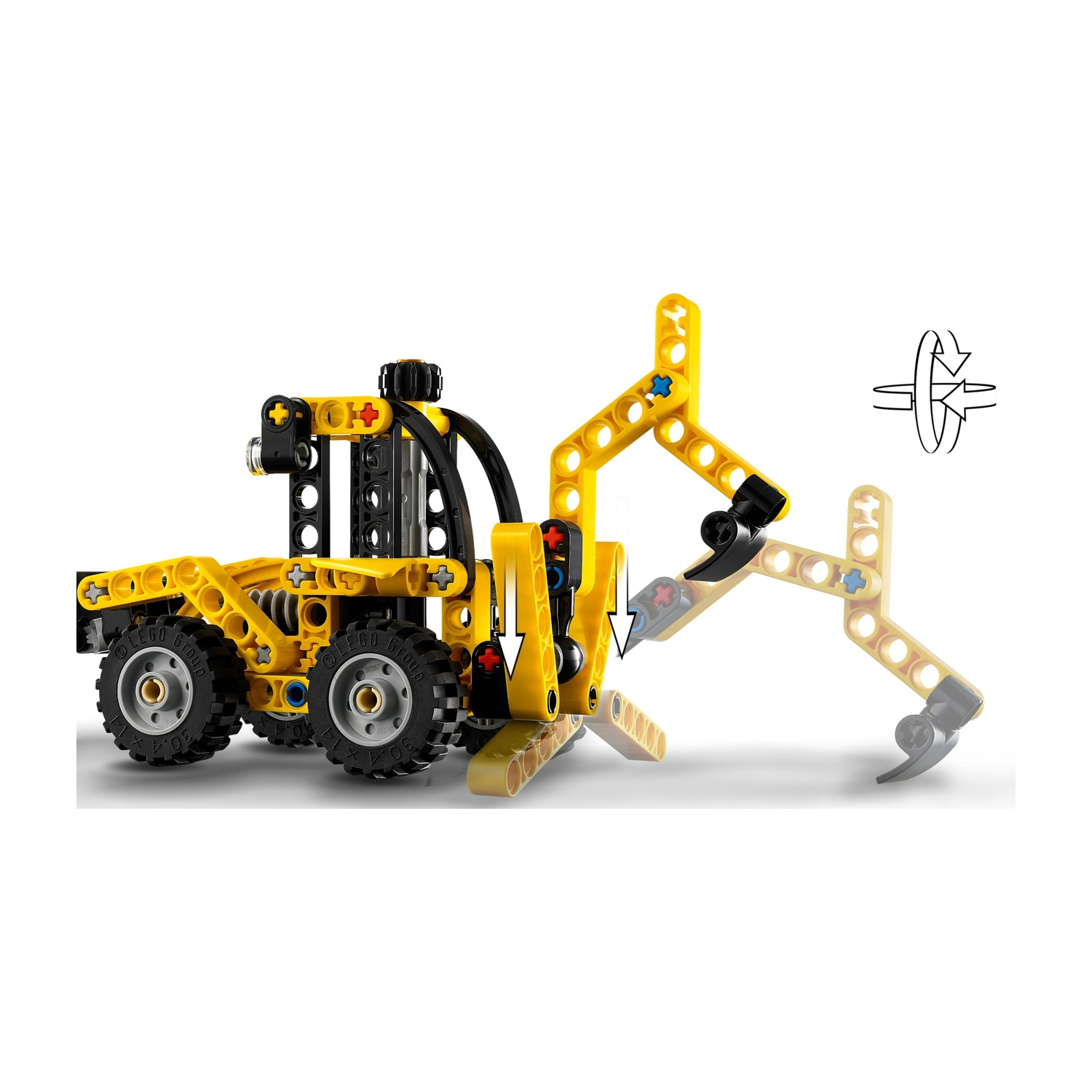 È mostrato un veicolo Lego Technic giallo e nero. Ha ruote, un braccio di sollevamento e un simbolo rotante.