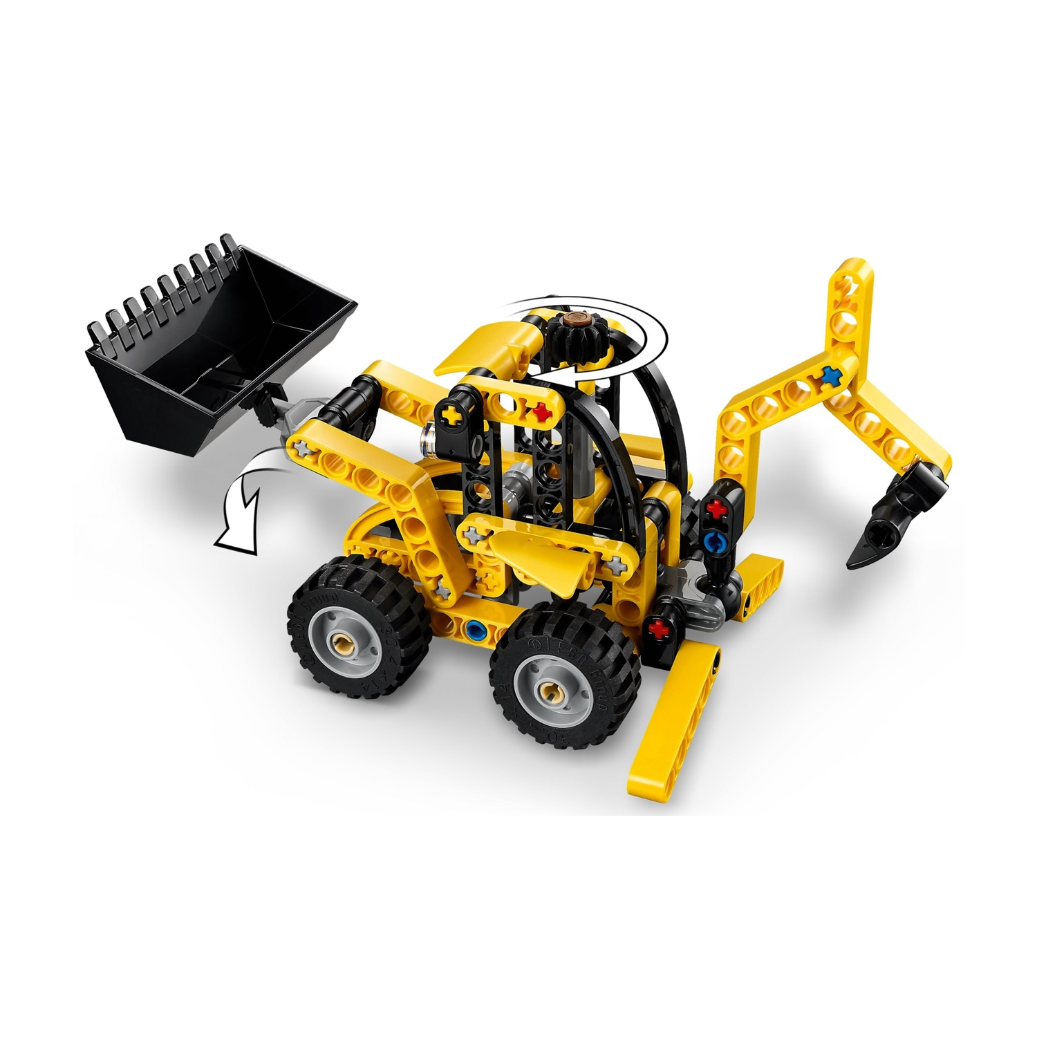 Veicolo da costruzione Lego Technic giallo e nero. Ha una benna, ruote e un braccio articolato. Lo sfondo è bianco.
