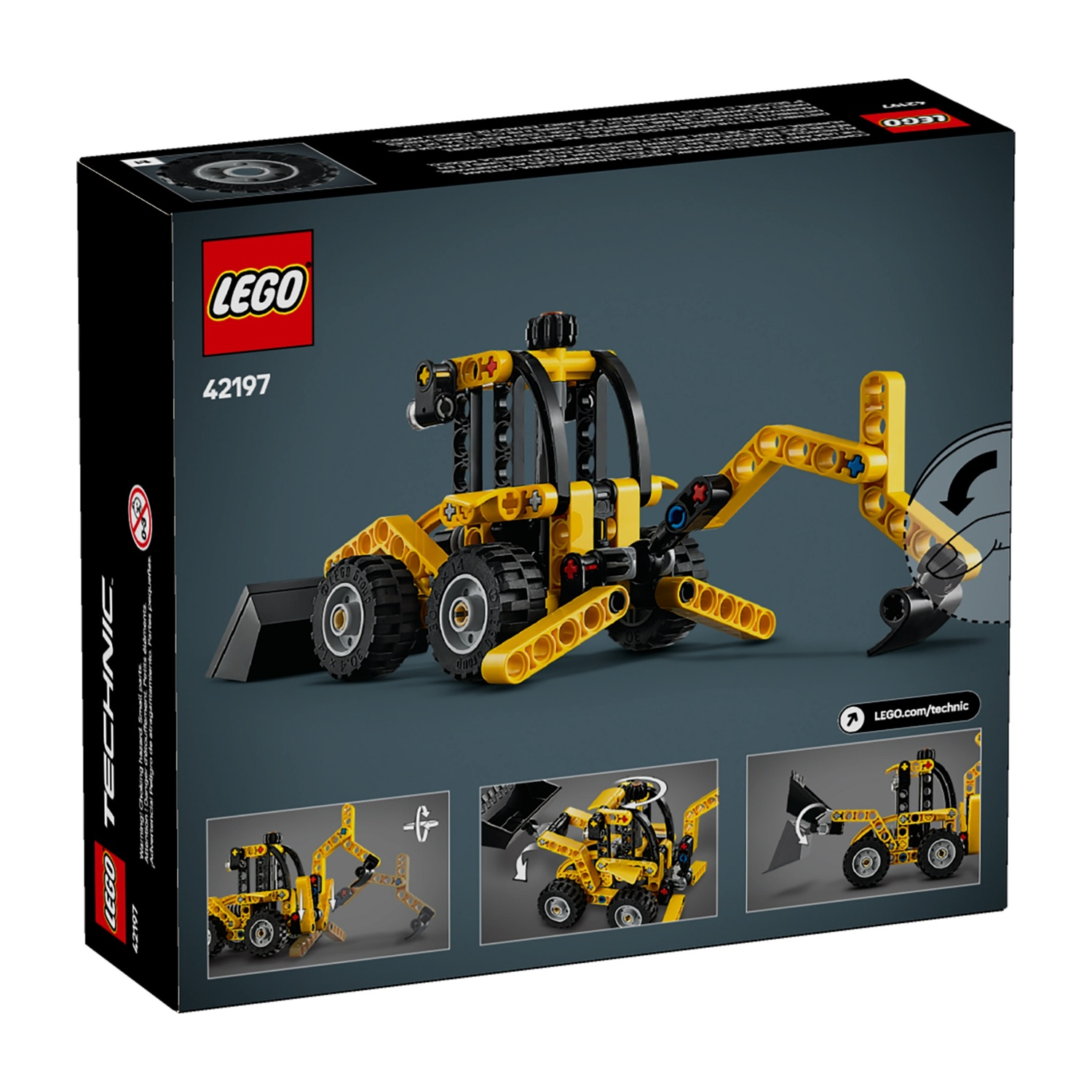 Una scatola del set LEGO Technic. La scatola mostra un veicolo da costruzione giocattolo giallo e nero, con una pala caricatrice e una retroescavatrice.