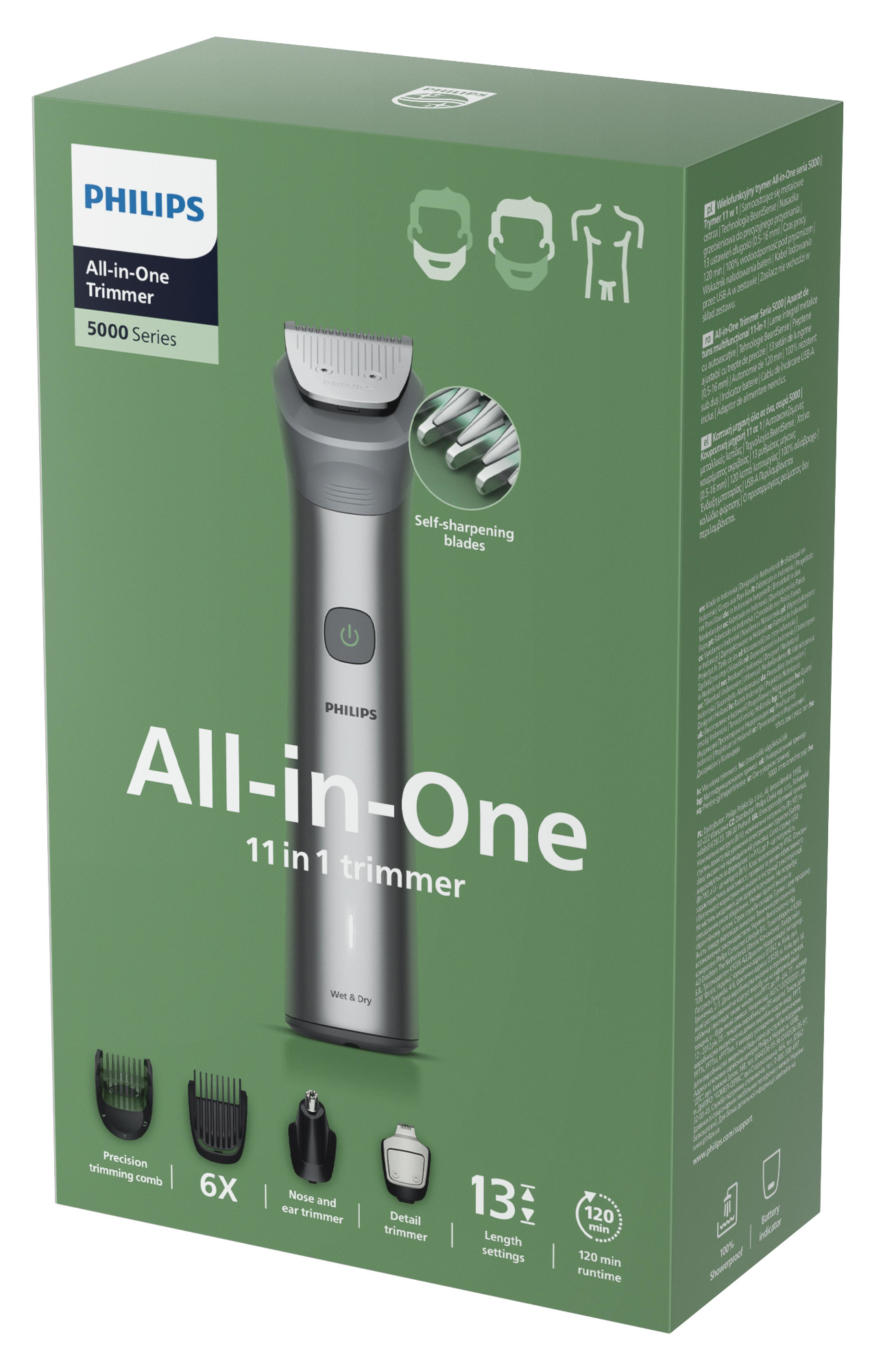 Egy doboz, amely egy Philips All-in-One trimmert mutat. Trimmerrel és kiegészítőkkel, zöld háttérrel.