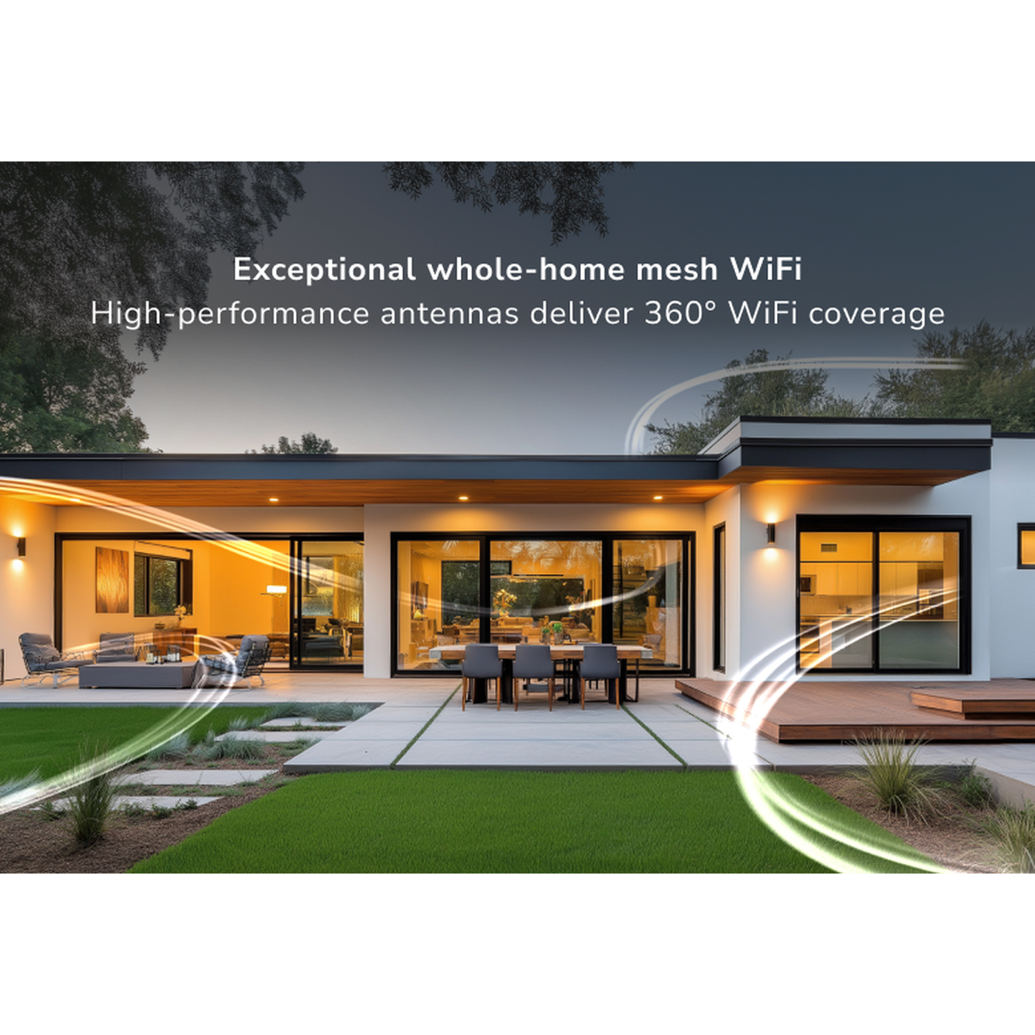 A modern house with WiFi signal lines. Text reads: Exceptional whole-home mesh WiFi. High-performance antennas deliver 360° WiFi coverage.