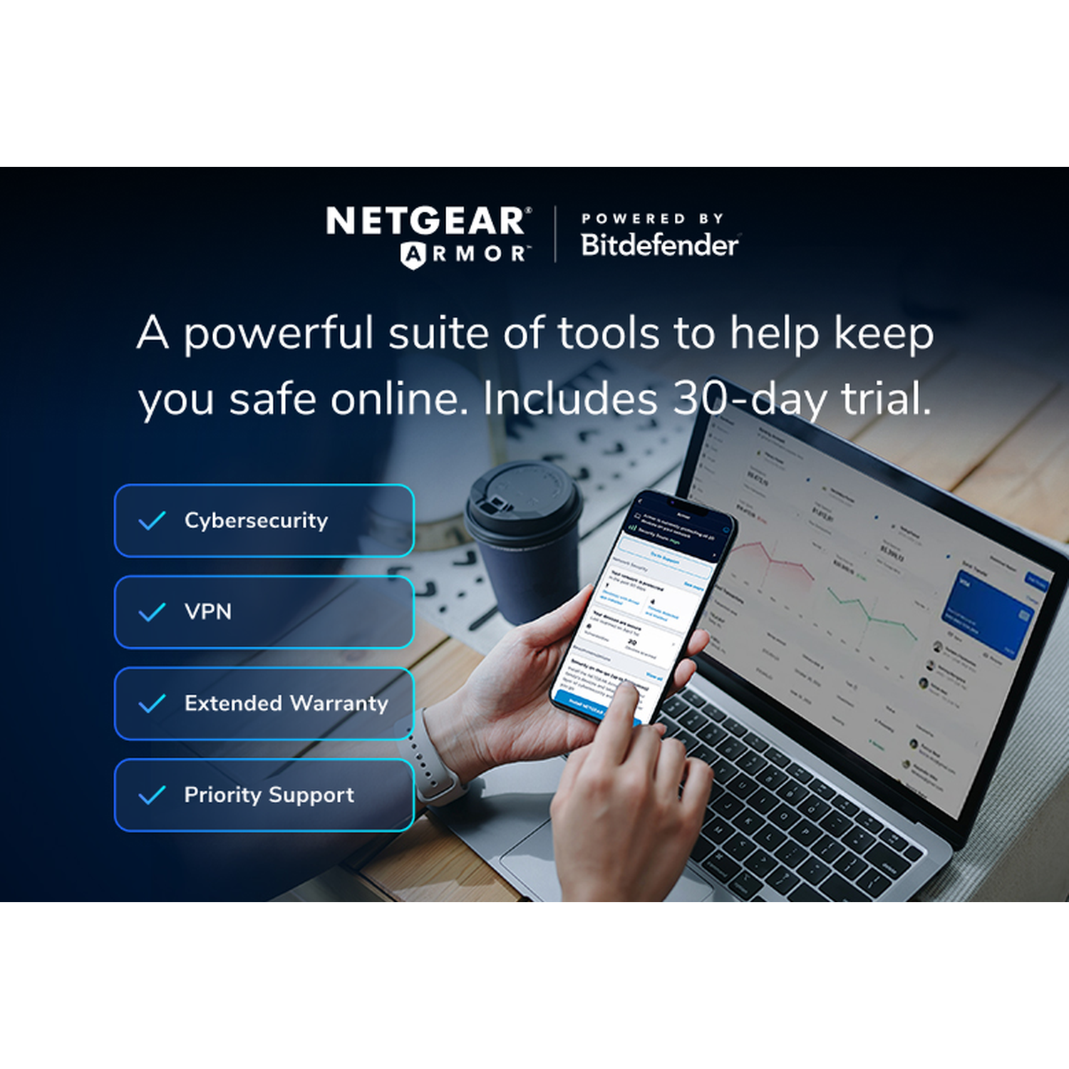 Image shows a laptop and phone displaying security information. Includes cybersecurity, VPN, warranty, and support options.