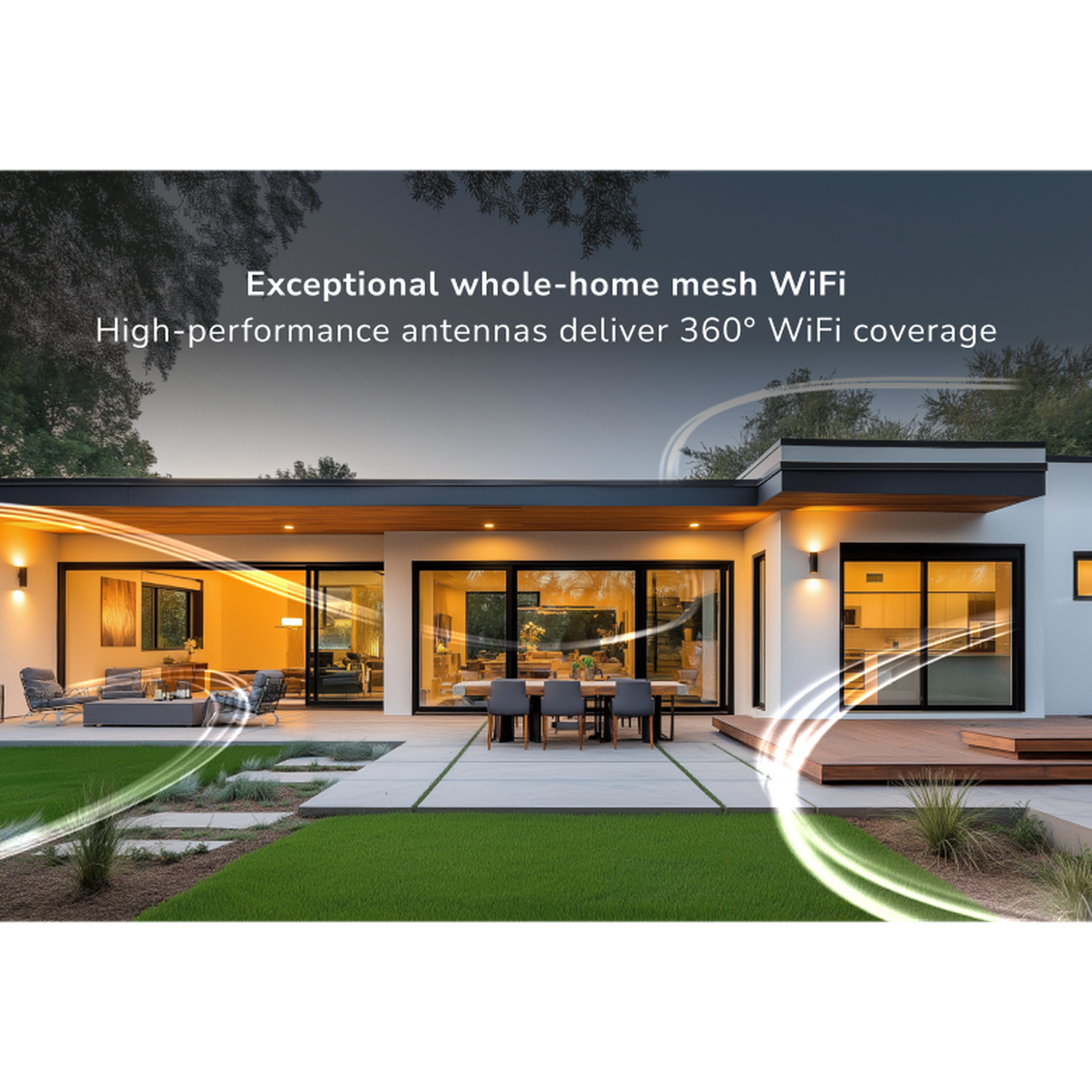 Extérieur d'une maison moderne avec graphique de couverture WiFi. Pelouse verte, patio, texte sur le WiFi maillé.