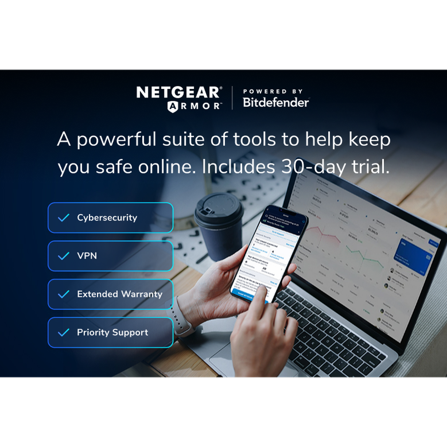 Mains utilisant un ordinateur portable et un téléphone, avec le logo Netgear Armor. Le texte répertorie les fonctionnalités : Cybersécurité, VPN, Garantie étendue et Support prioritaire.