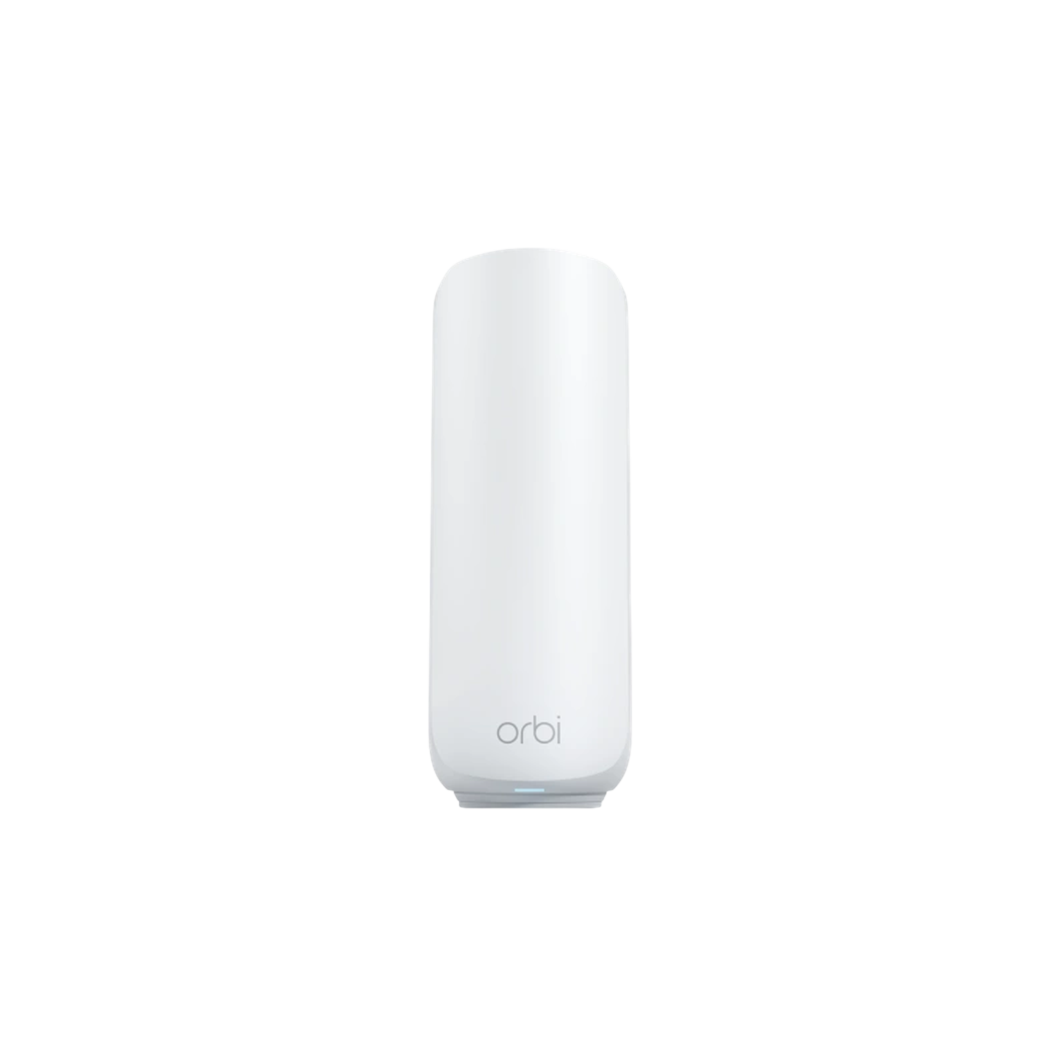 Un appareil Orbi blanc. C'est un rectangle haut et arrondi. Le logo Orbi est visible, avec une lumière bleue à la base.
