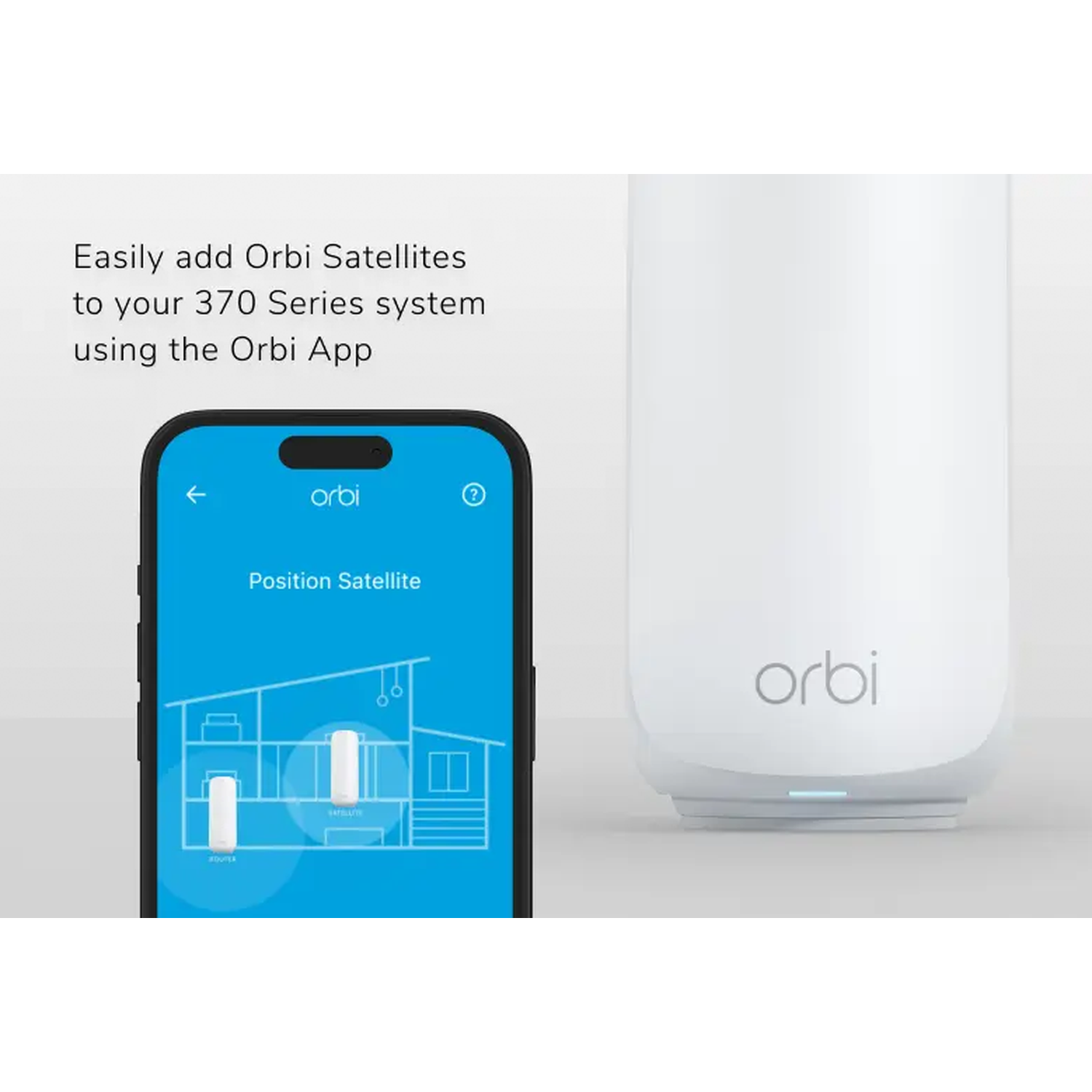 Un smartphone affiche l'application Orbi montrant un schéma de maison. Un appareil Orbi blanc se trouve à côté avec le logo Orbi.