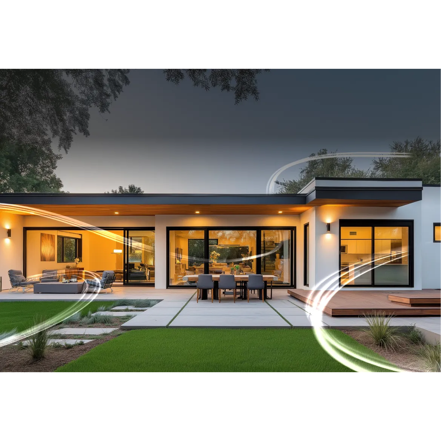 Maison moderne avec plan ouvert, patio et pelouse verte. Intérieur visible à travers de grandes fenêtres, avec meubles et salle à manger.