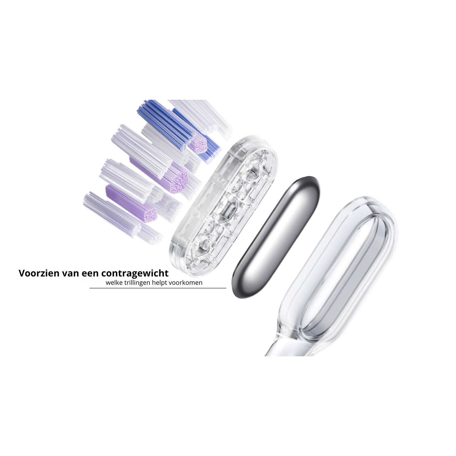 Exploded view van een tandenborstelkop, met borstelharen, transparant plastic, metalen cilinder en tekst.