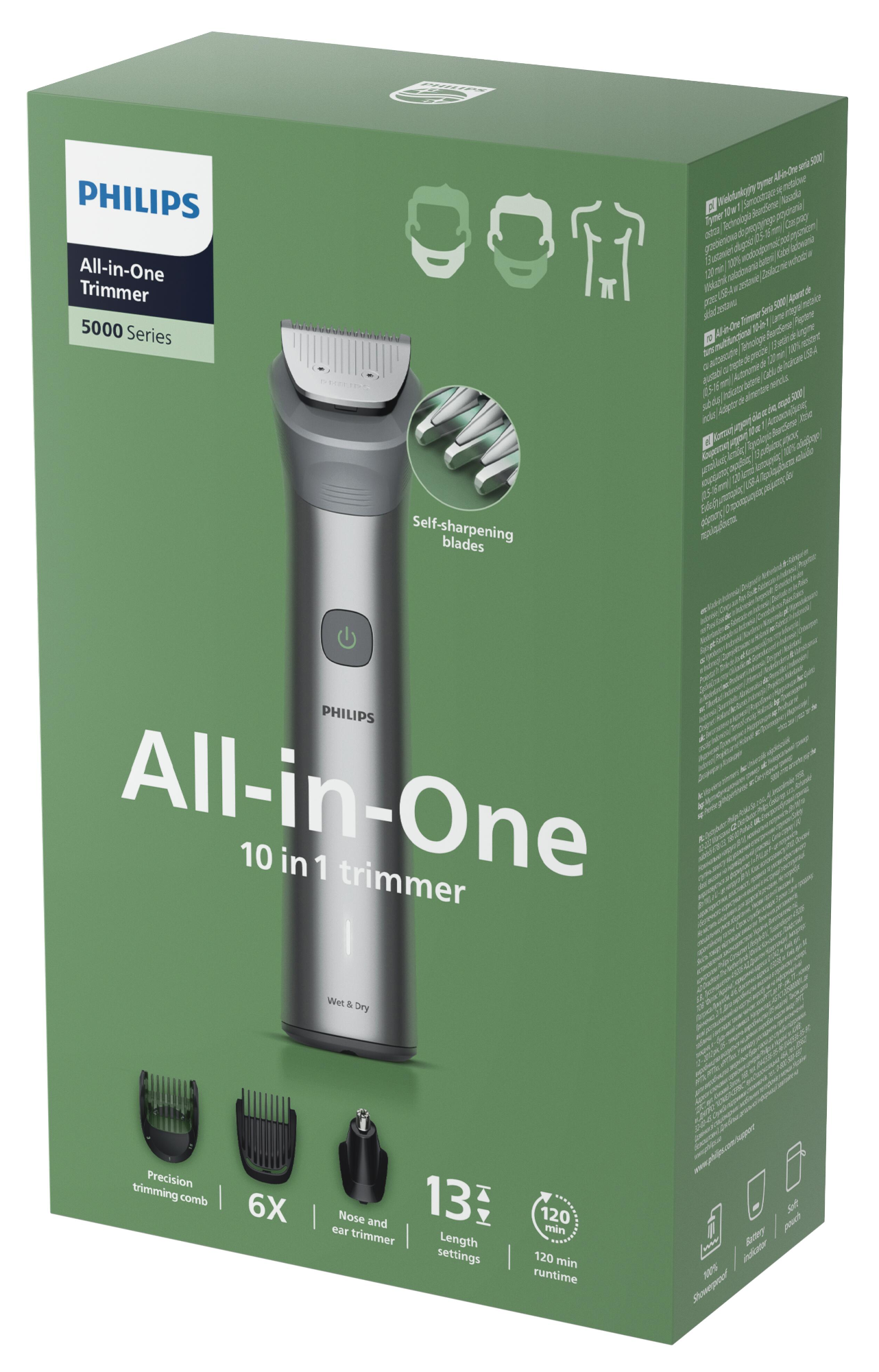 Dobozos Philips All-in-One trimmelő. Jellemzői: trimmelő, precíziós fésű, orrszőrnyíró, 13 beállítás, 120 perc üzemidő.