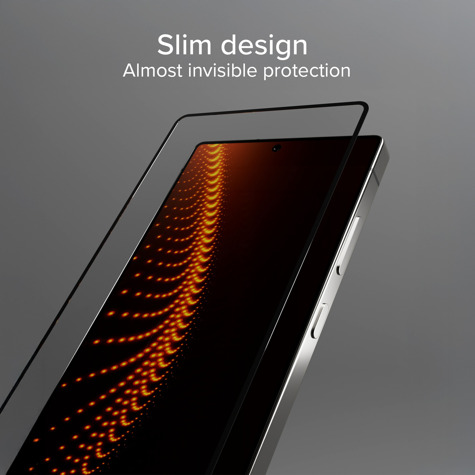 Smartphone mit Displayschutzfolie. Schwarzer Bildschirm mit orangefarbenem Punktmuster. Silberner Rahmen auf grauem Hintergrund.